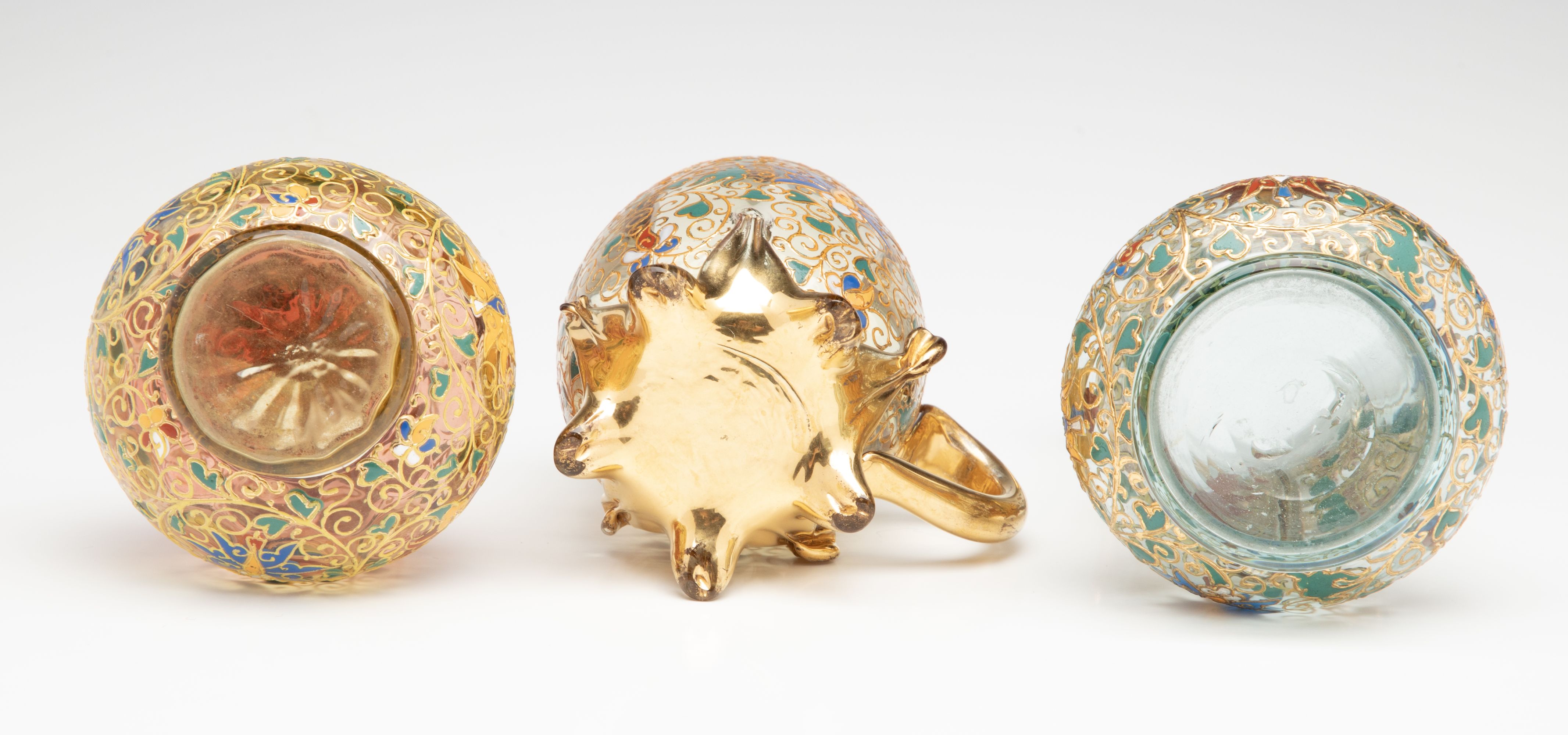 A GROUPING OF GILT AND ENAMEL DECORATED MOSER ART GLASS