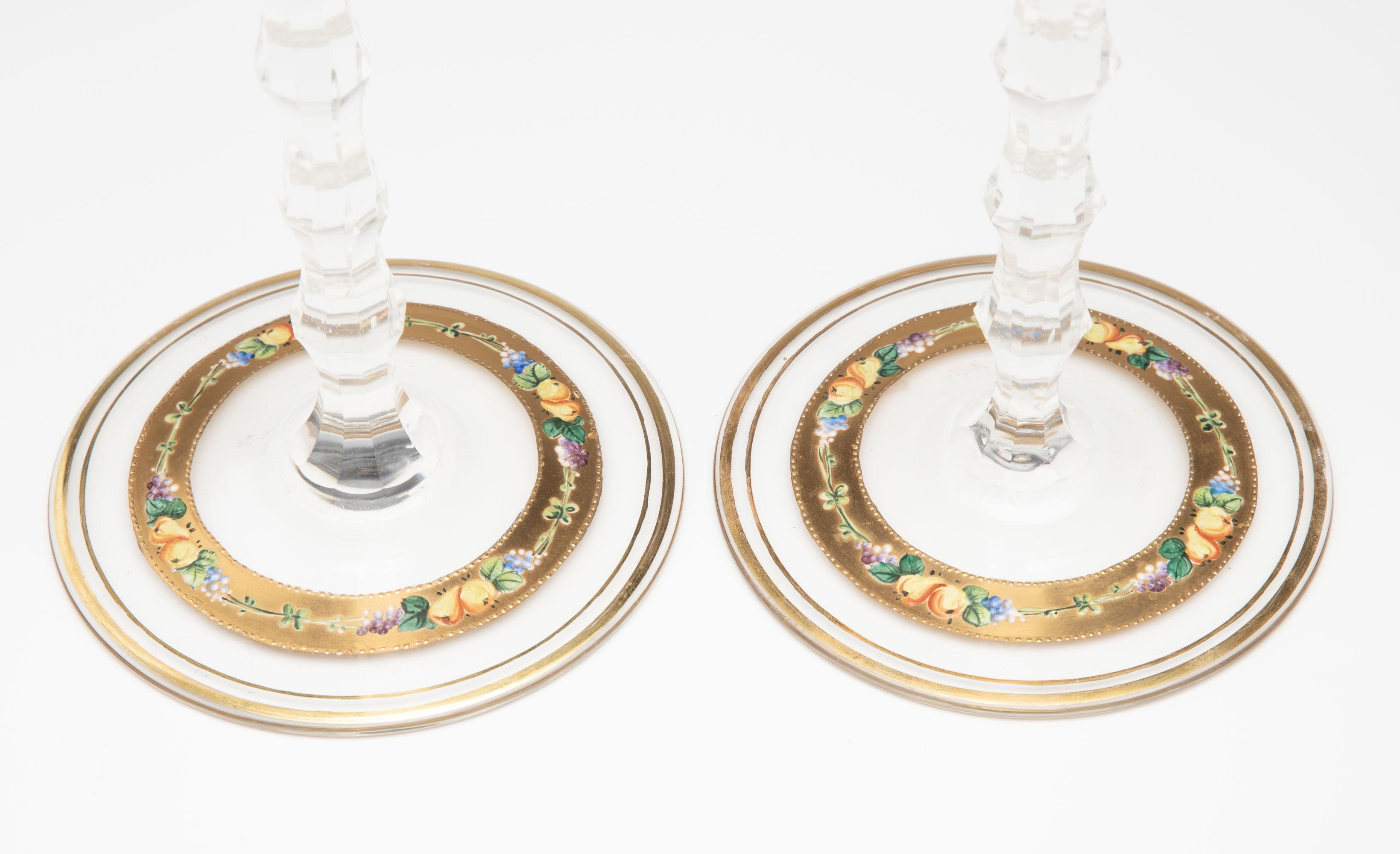 TWO MOSER GILT AND ENAMEL CORDIALS ON TALL CUT STEMS