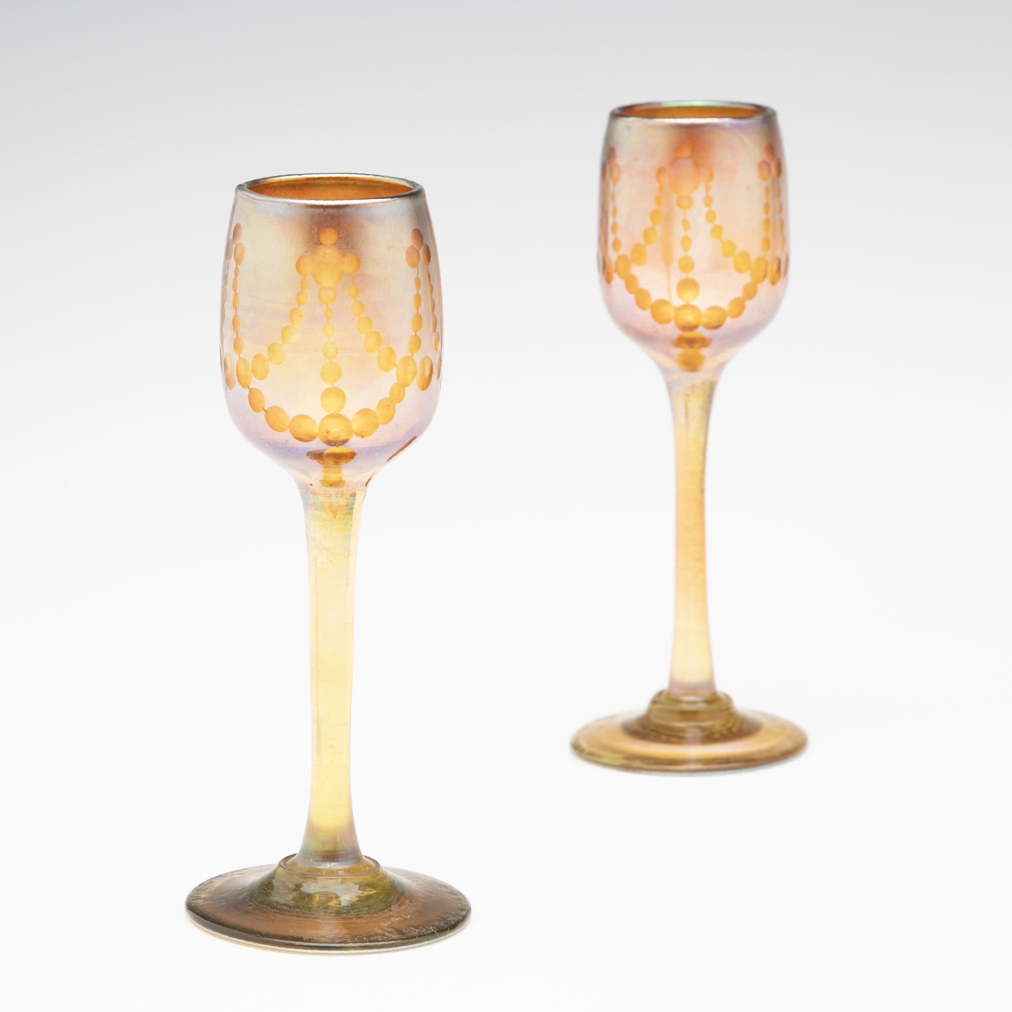 TWO LOUIS COMFORT TIFFANY FAVRILE GLASS CORDIALS