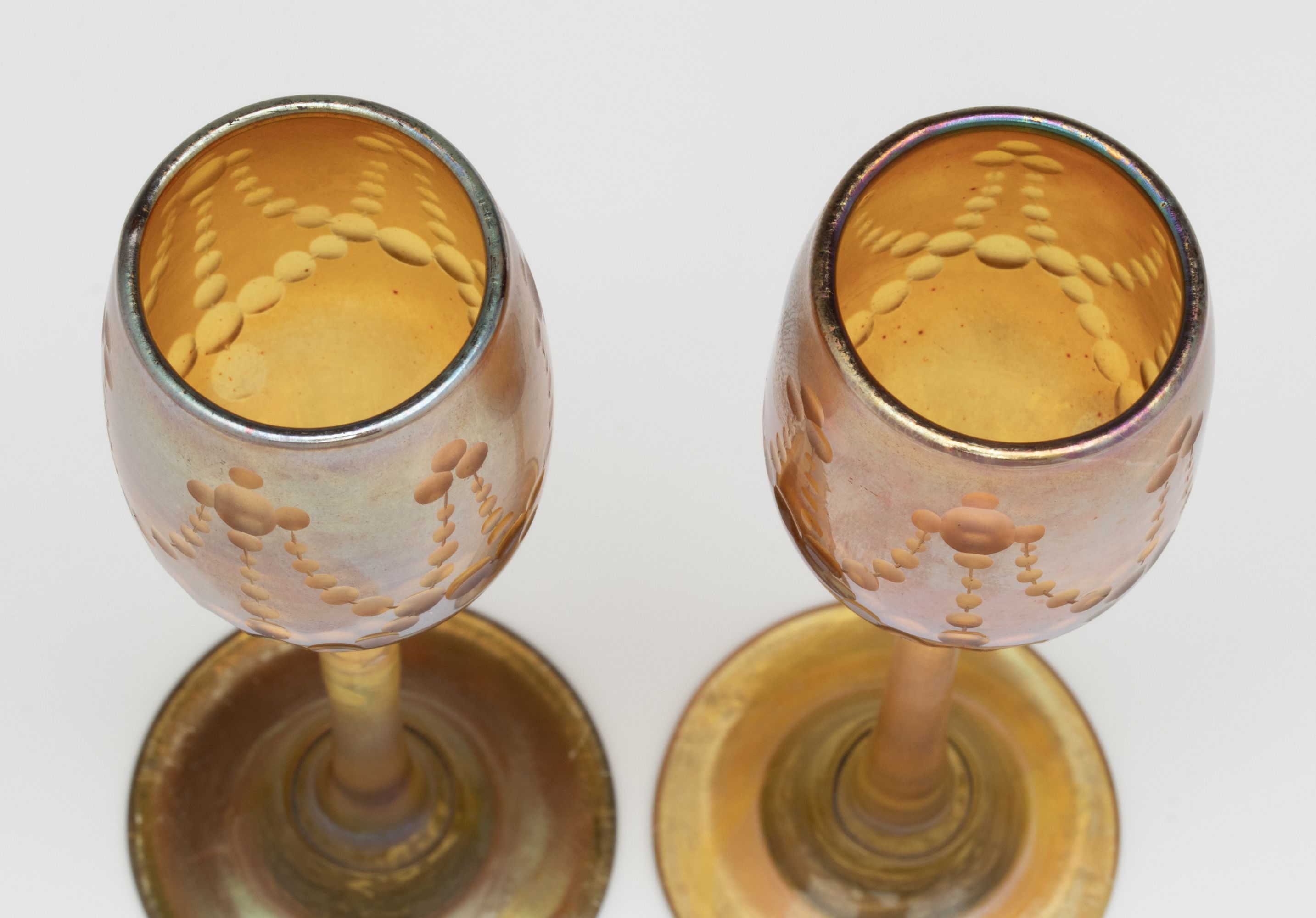 TWO LOUIS COMFORT TIFFANY FAVRILE GLASS CORDIALS