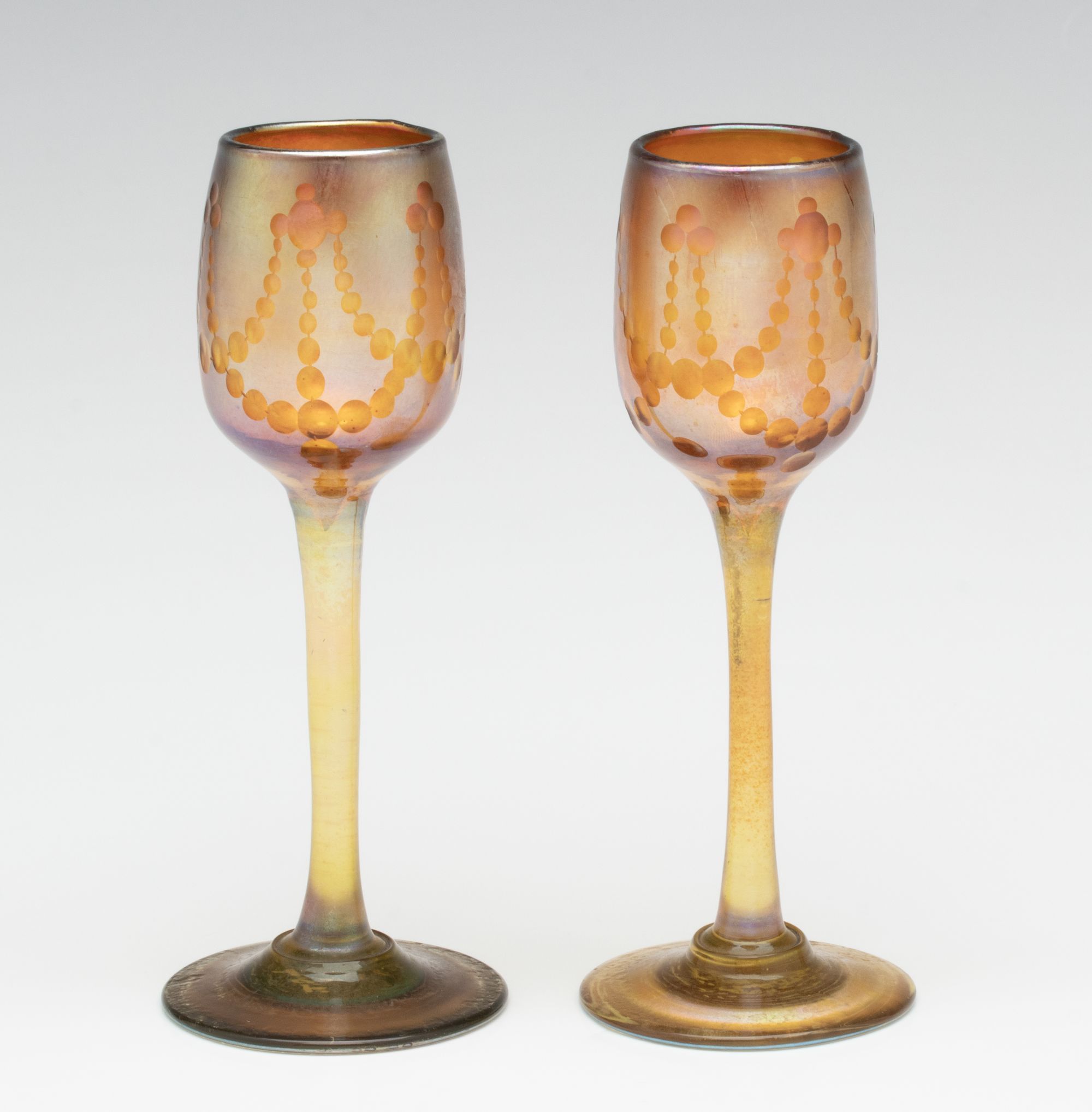 TWO LOUIS COMFORT TIFFANY FAVRILE GLASS CORDIALS