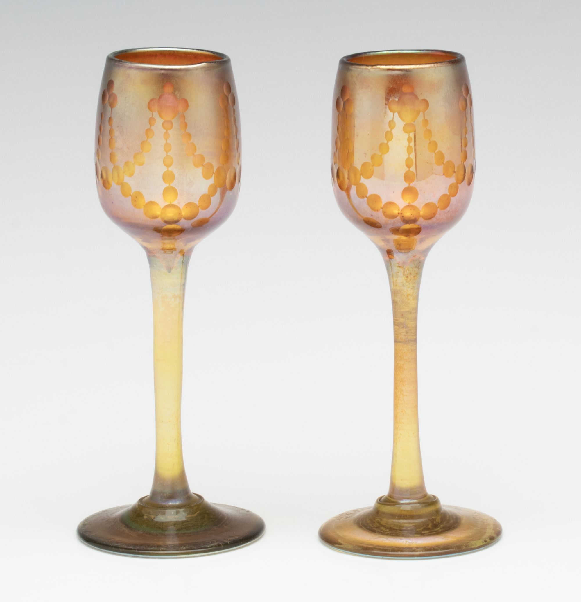 TWO LOUIS COMFORT TIFFANY FAVRILE GLASS CORDIALS