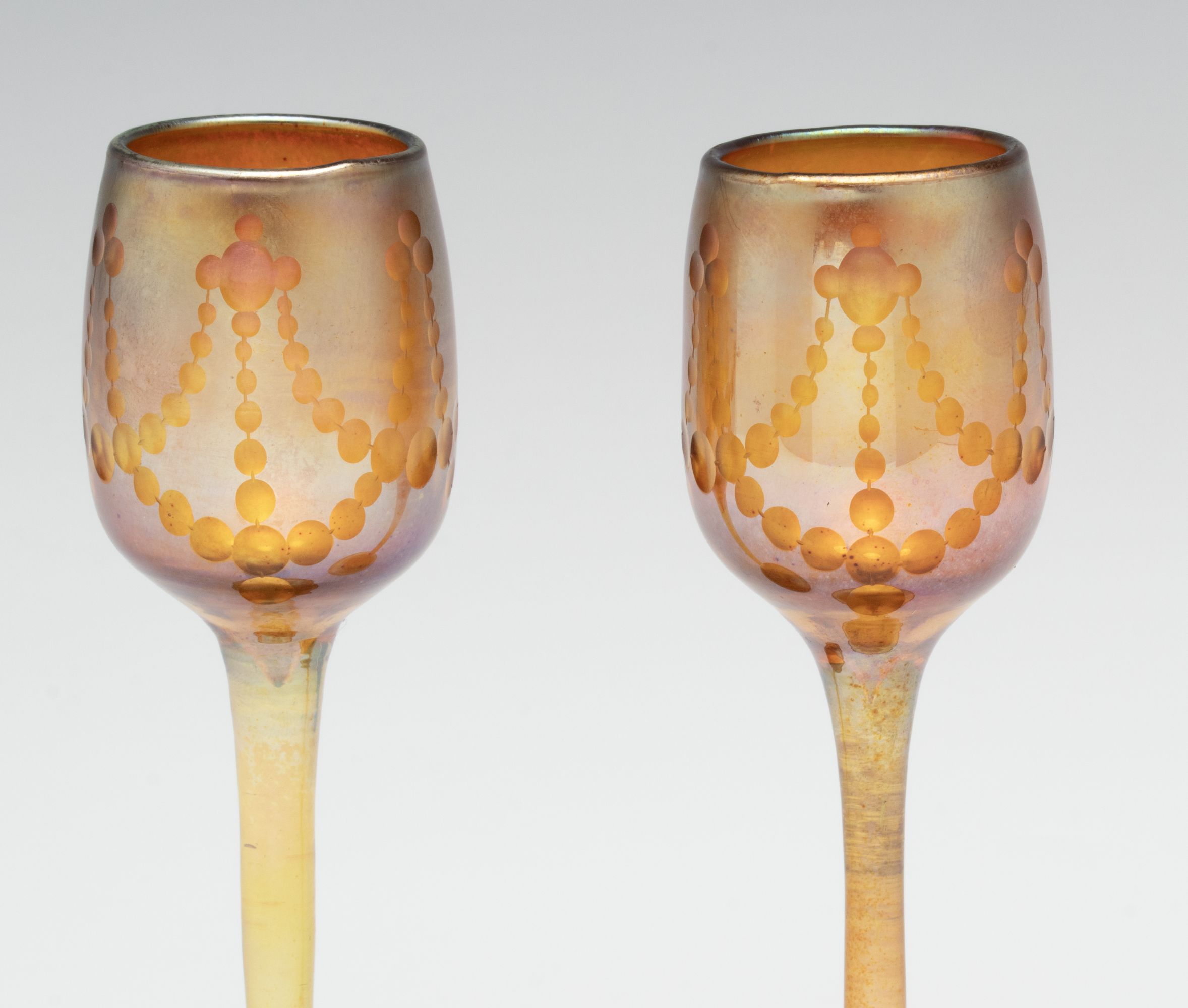 TWO LOUIS COMFORT TIFFANY FAVRILE GLASS CORDIALS