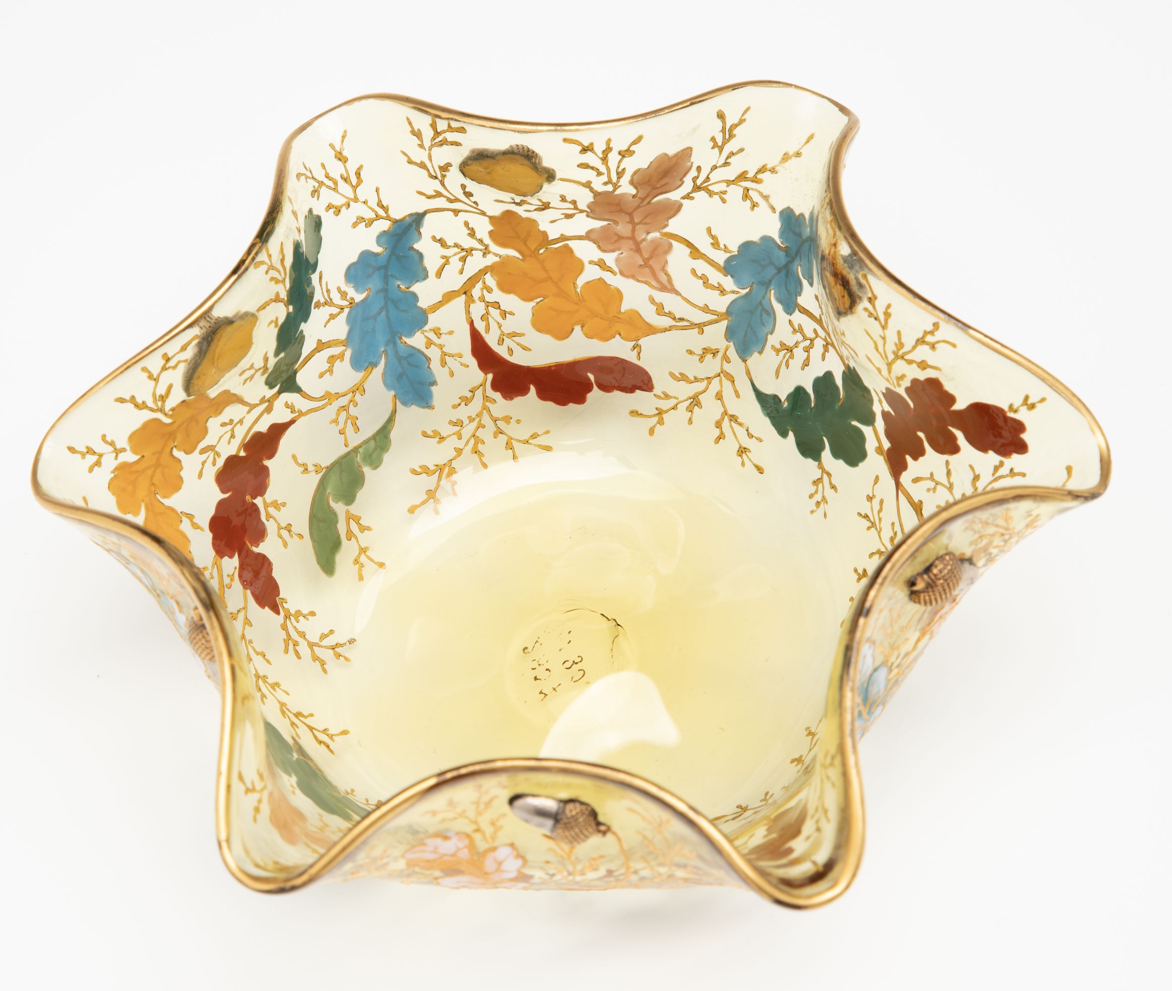 ENAMELED MOSER FINGER BOWL AND UNDERPLATE WITH ACORNS