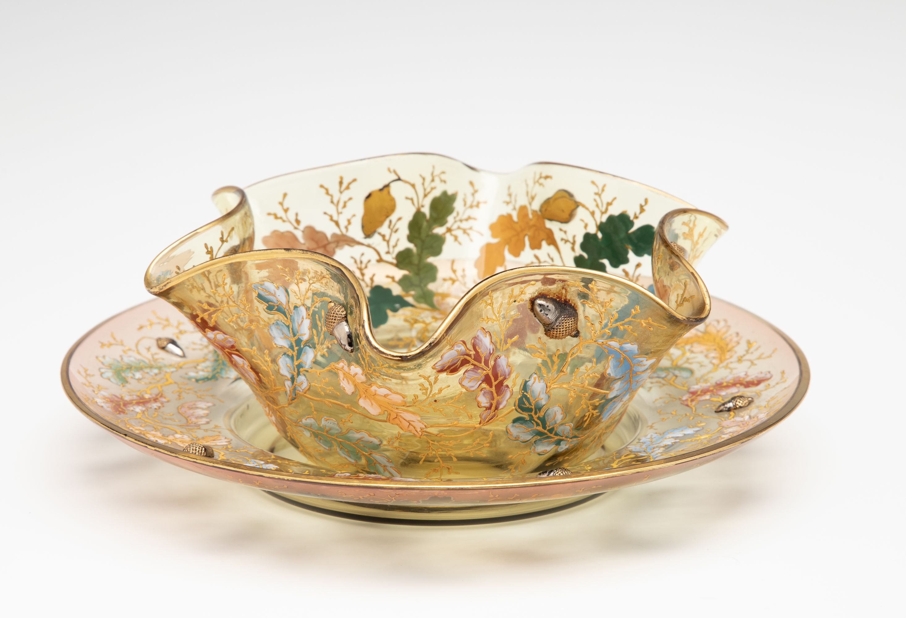 ENAMELED MOSER FINGER BOWL AND UNDERPLATE WITH ACORNS