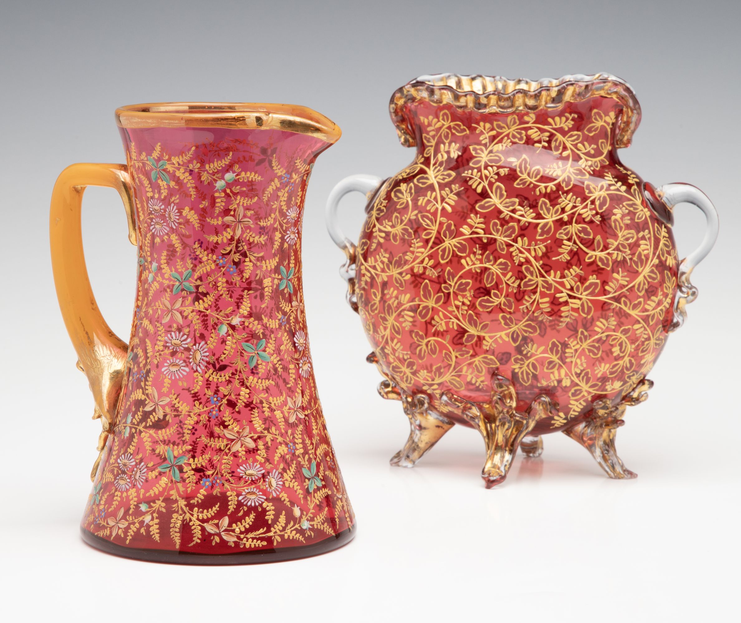 A GROUPING OF GILT AND ENAMEL DECORATED MOSER ART GLASS