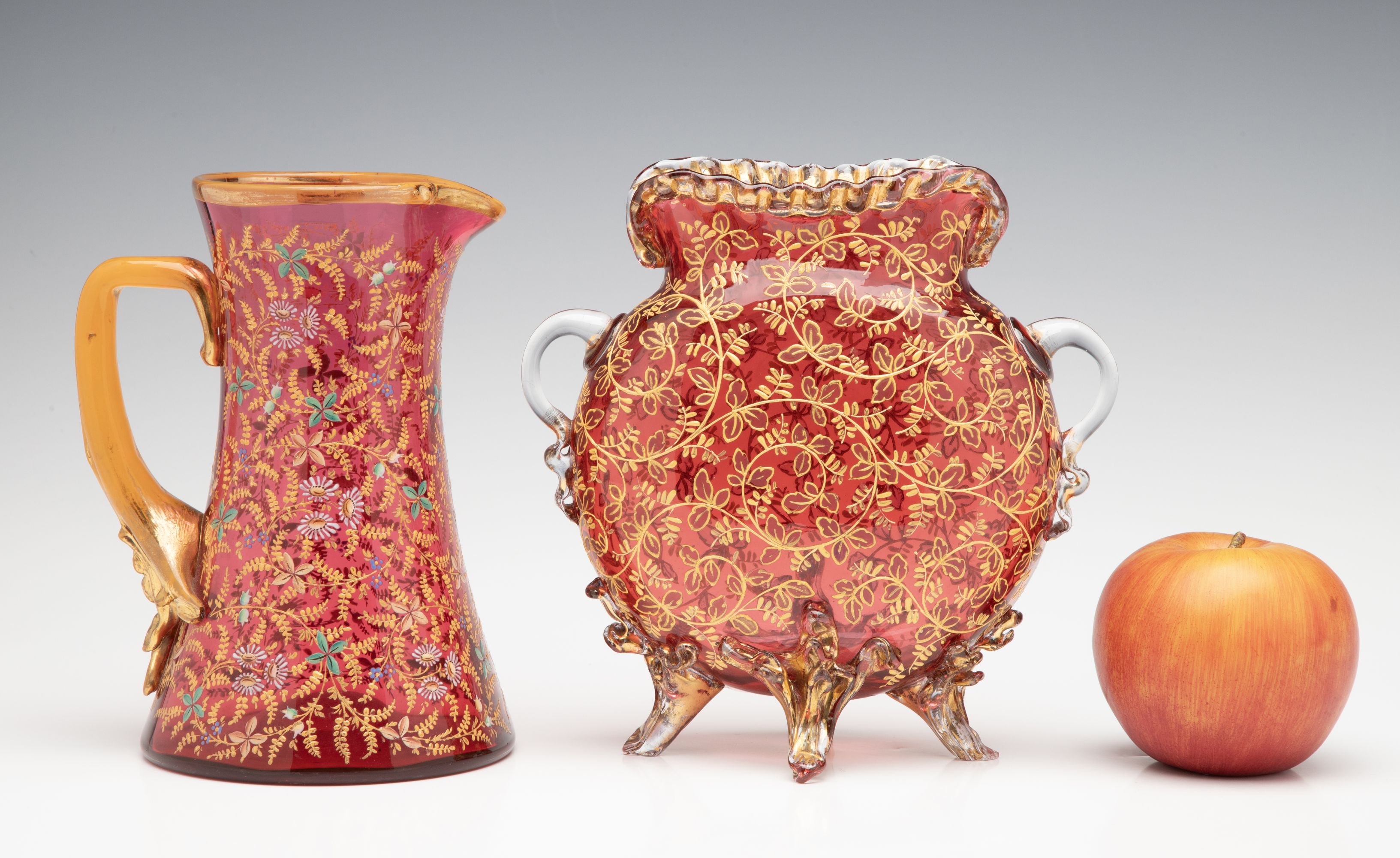 A GROUPING OF GILT AND ENAMEL DECORATED MOSER ART GLASS