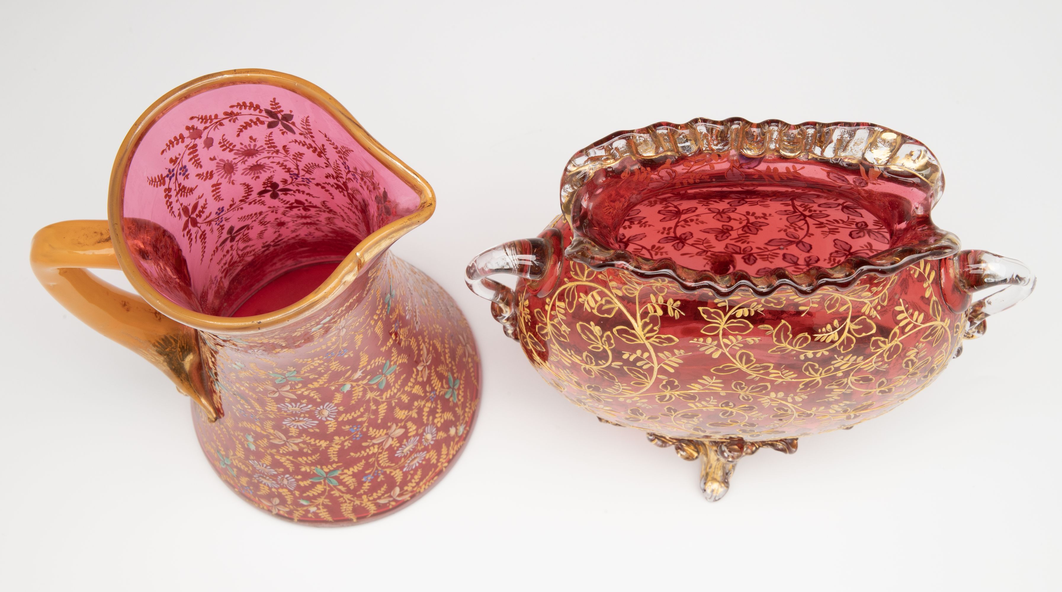 A GROUPING OF GILT AND ENAMEL DECORATED MOSER ART GLASS