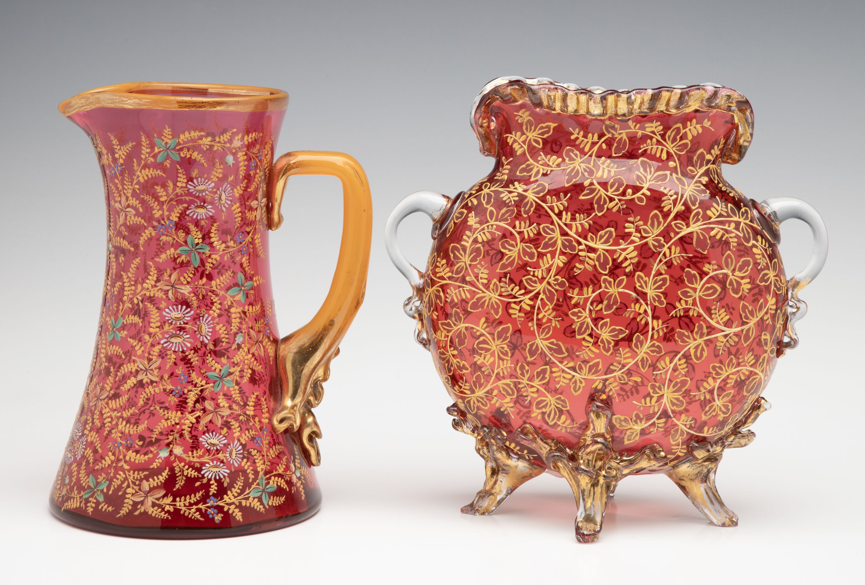 A GROUPING OF GILT AND ENAMEL DECORATED MOSER ART GLASS