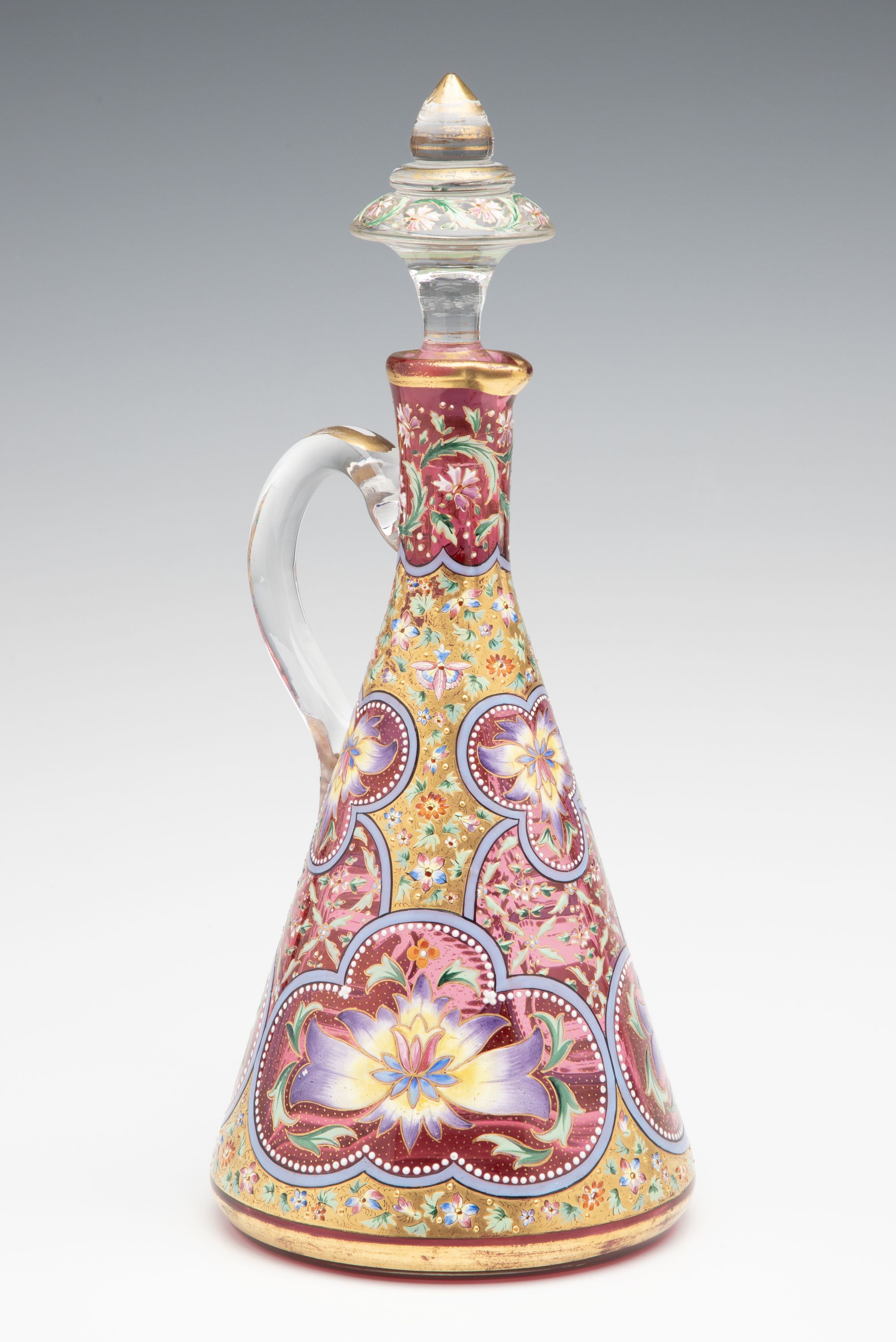 A LAVISHLY DECORATED CRANBERRY GLASS CRUET ATTR MOSER