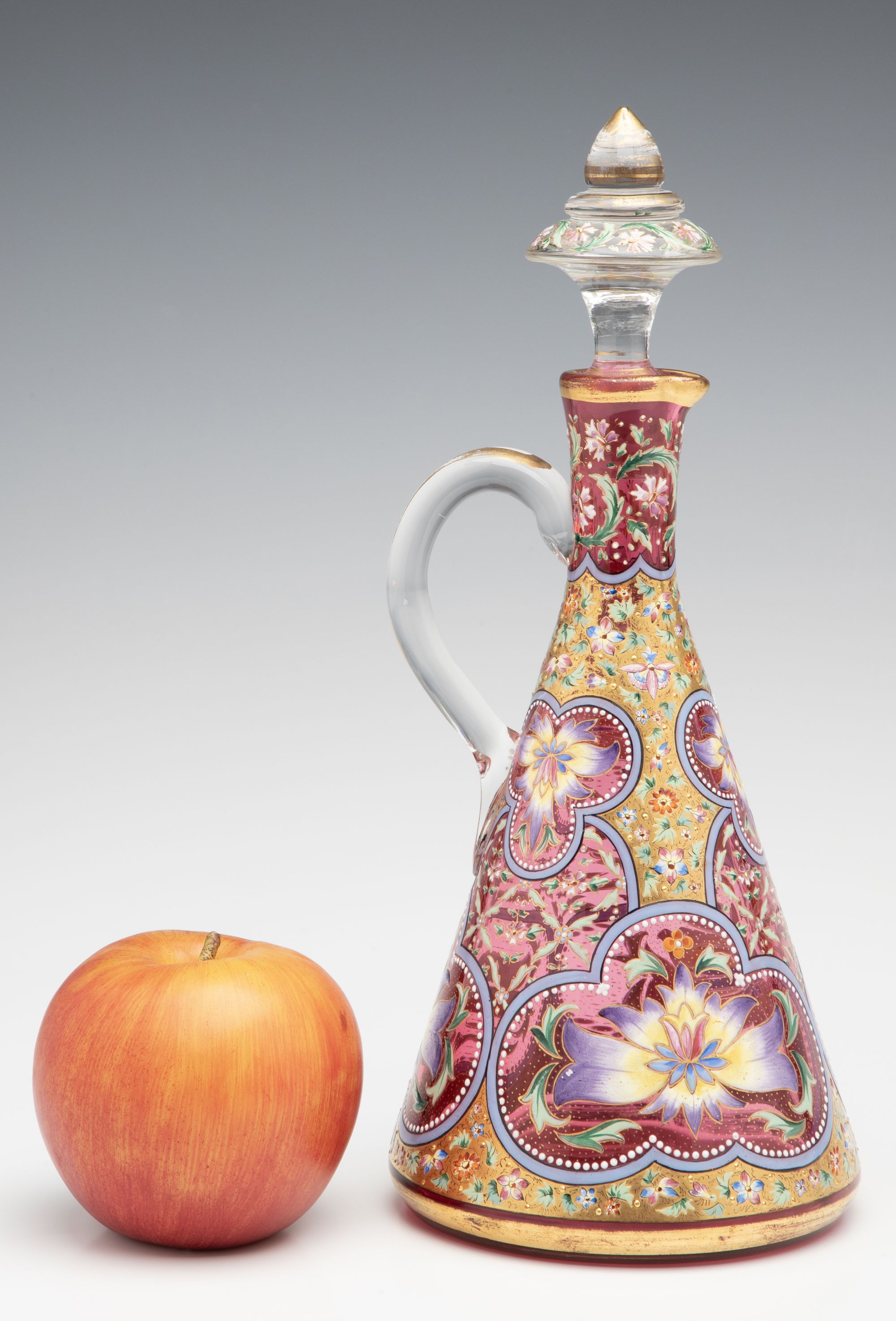 A LAVISHLY DECORATED CRANBERRY GLASS CRUET ATTR MOSER