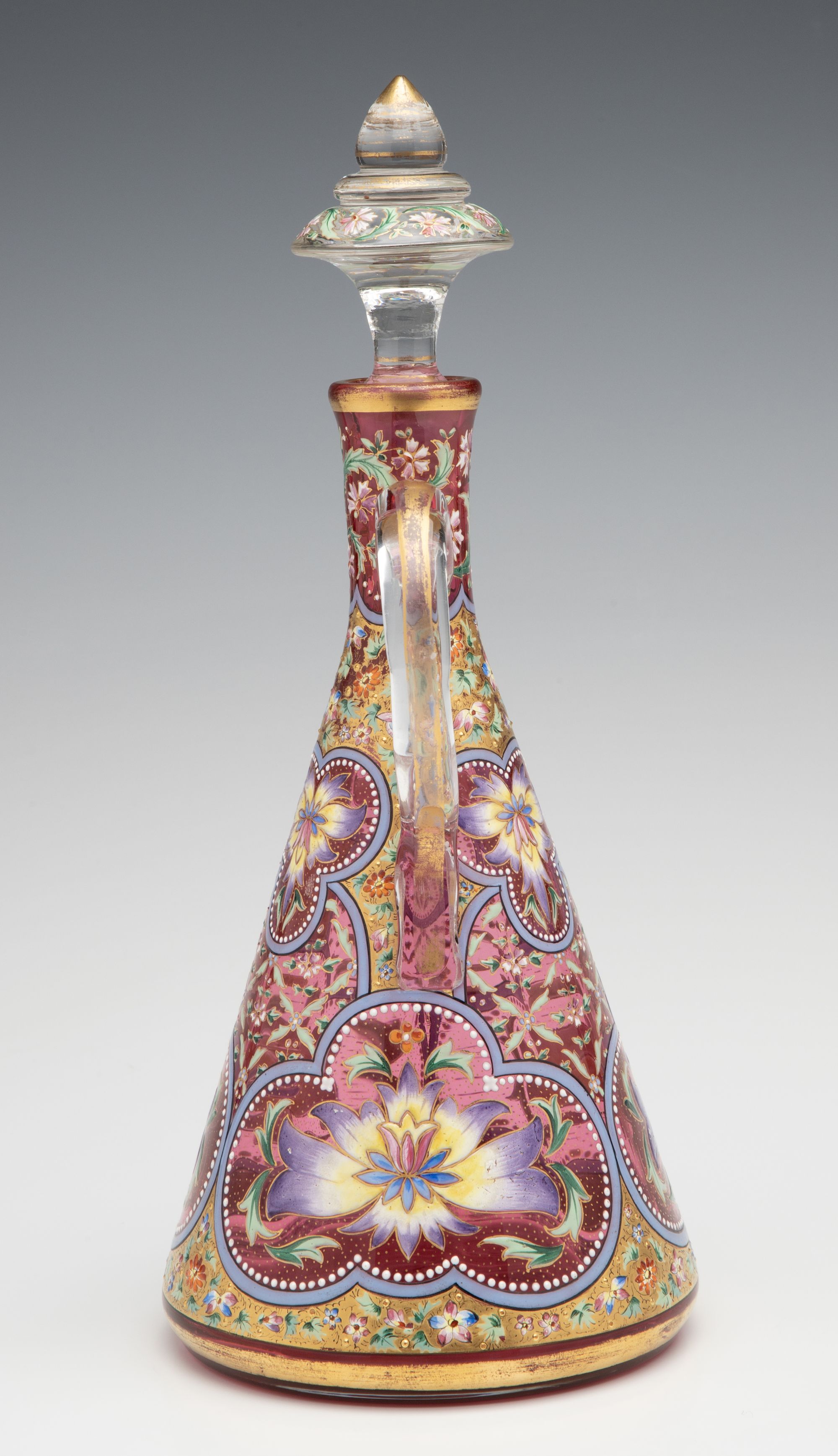 A LAVISHLY DECORATED CRANBERRY GLASS CRUET ATTR MOSER