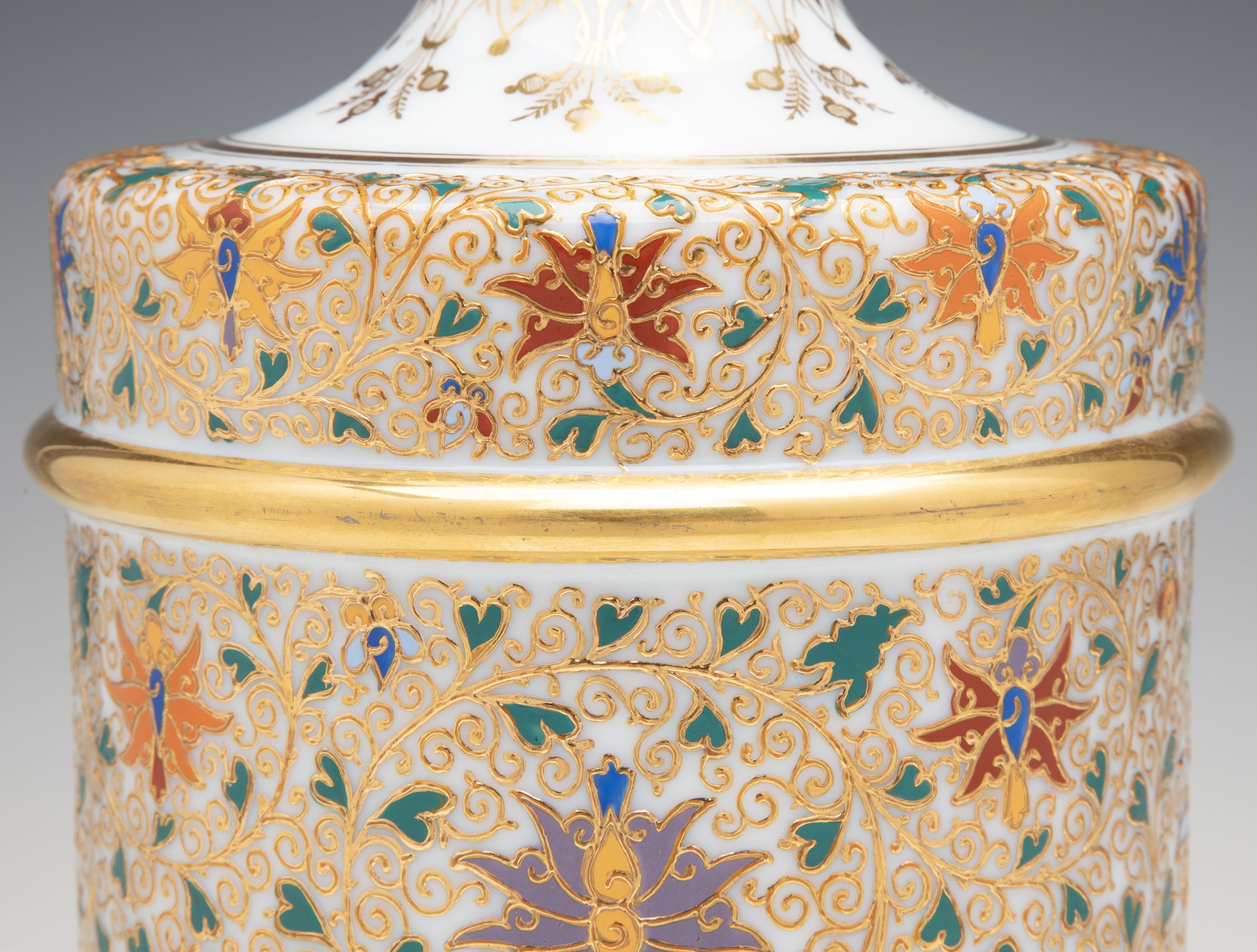 A LARGE HOLLOW MOSER GILT AND ENAMEL BELL SHAPE JAR