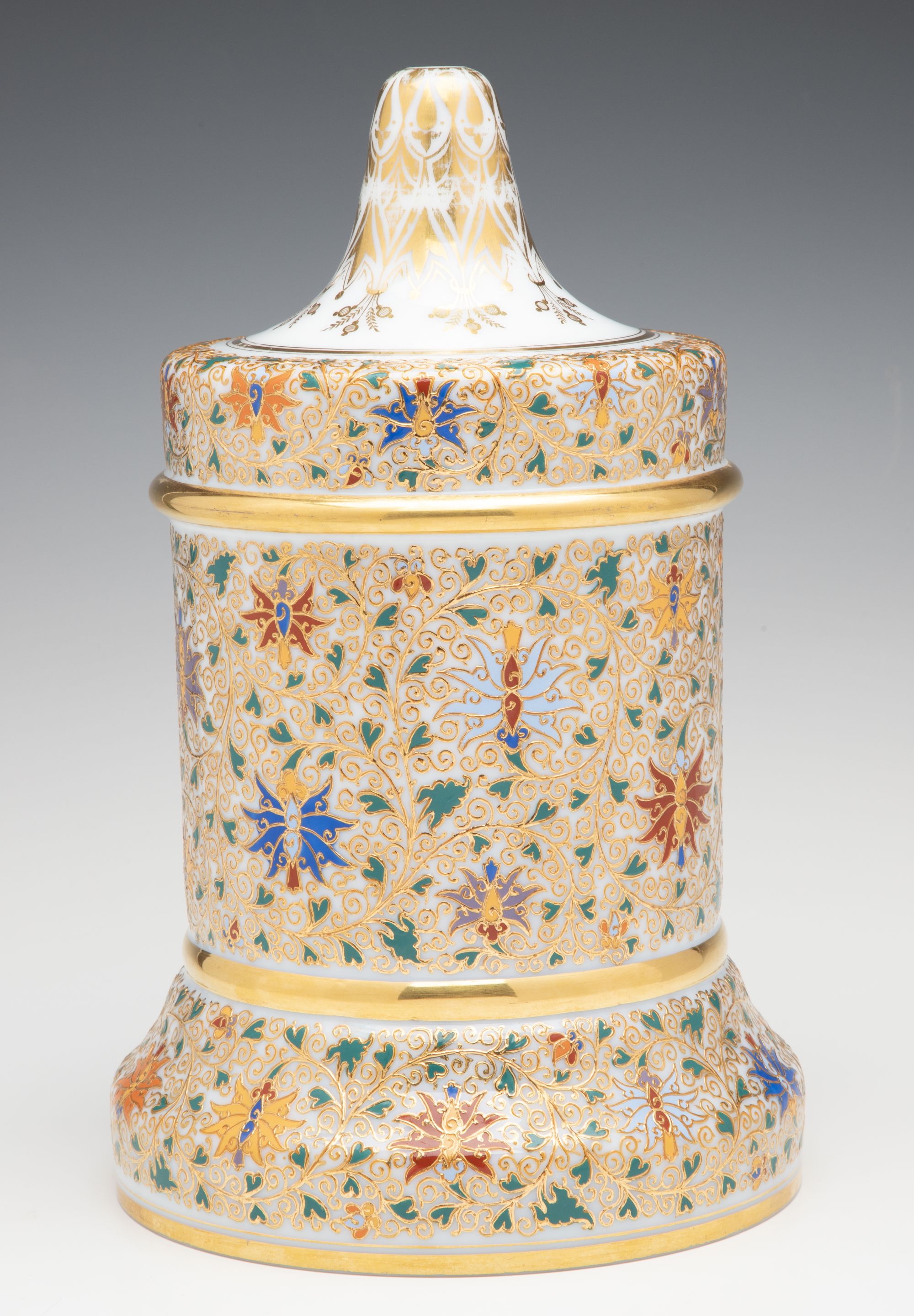 A LARGE HOLLOW MOSER GILT AND ENAMEL BELL SHAPE JAR