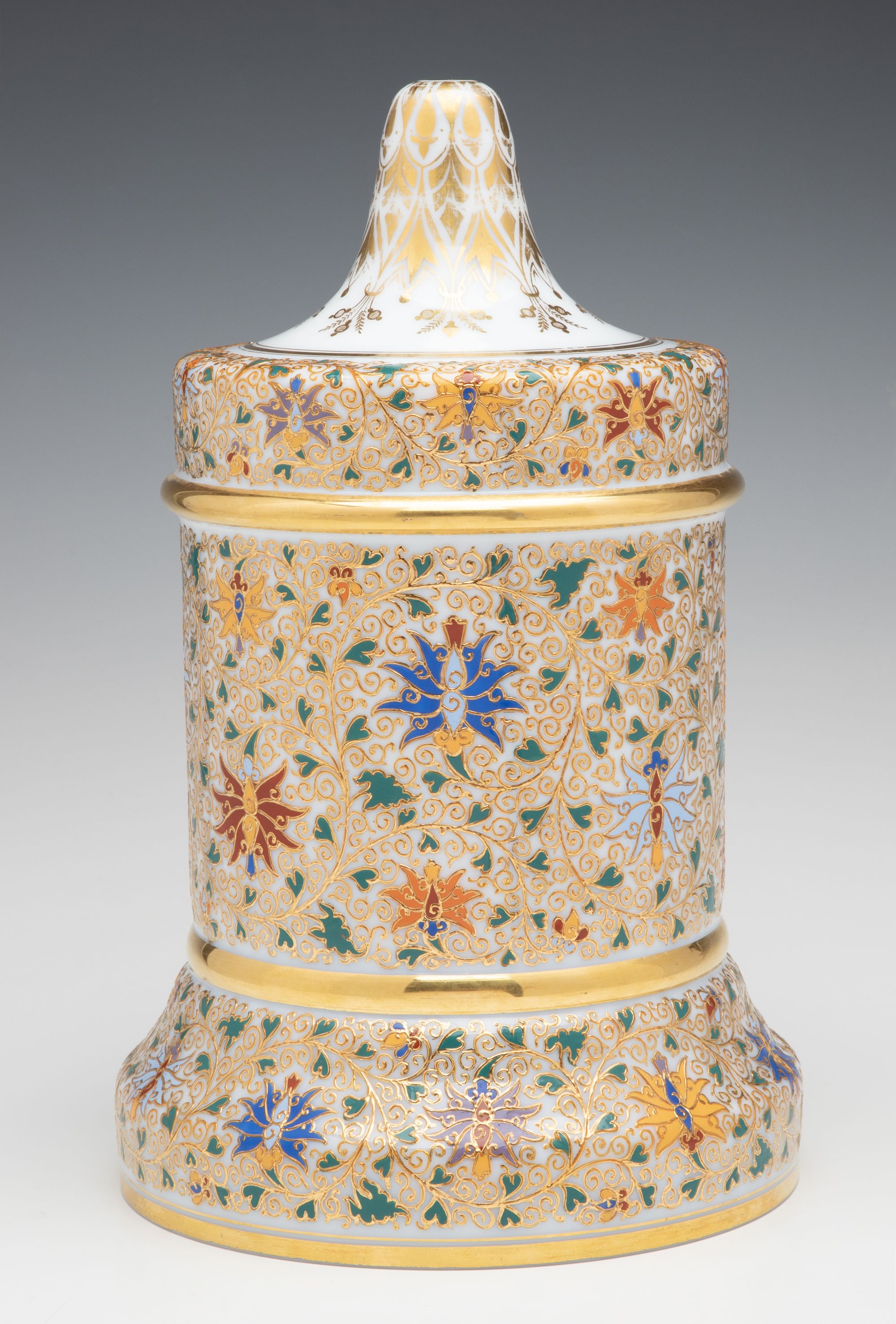 A LARGE HOLLOW MOSER GILT AND ENAMEL BELL SHAPE JAR