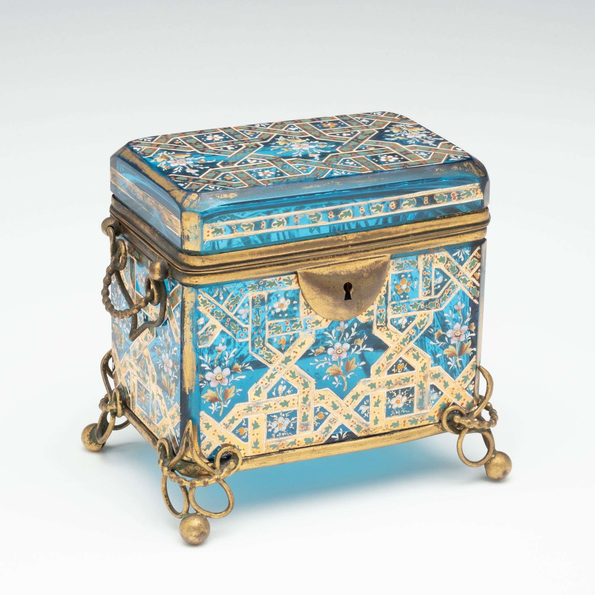 A 19TH C. MOSER GILT AND ENAMELED BLUE ART GLASS BOX