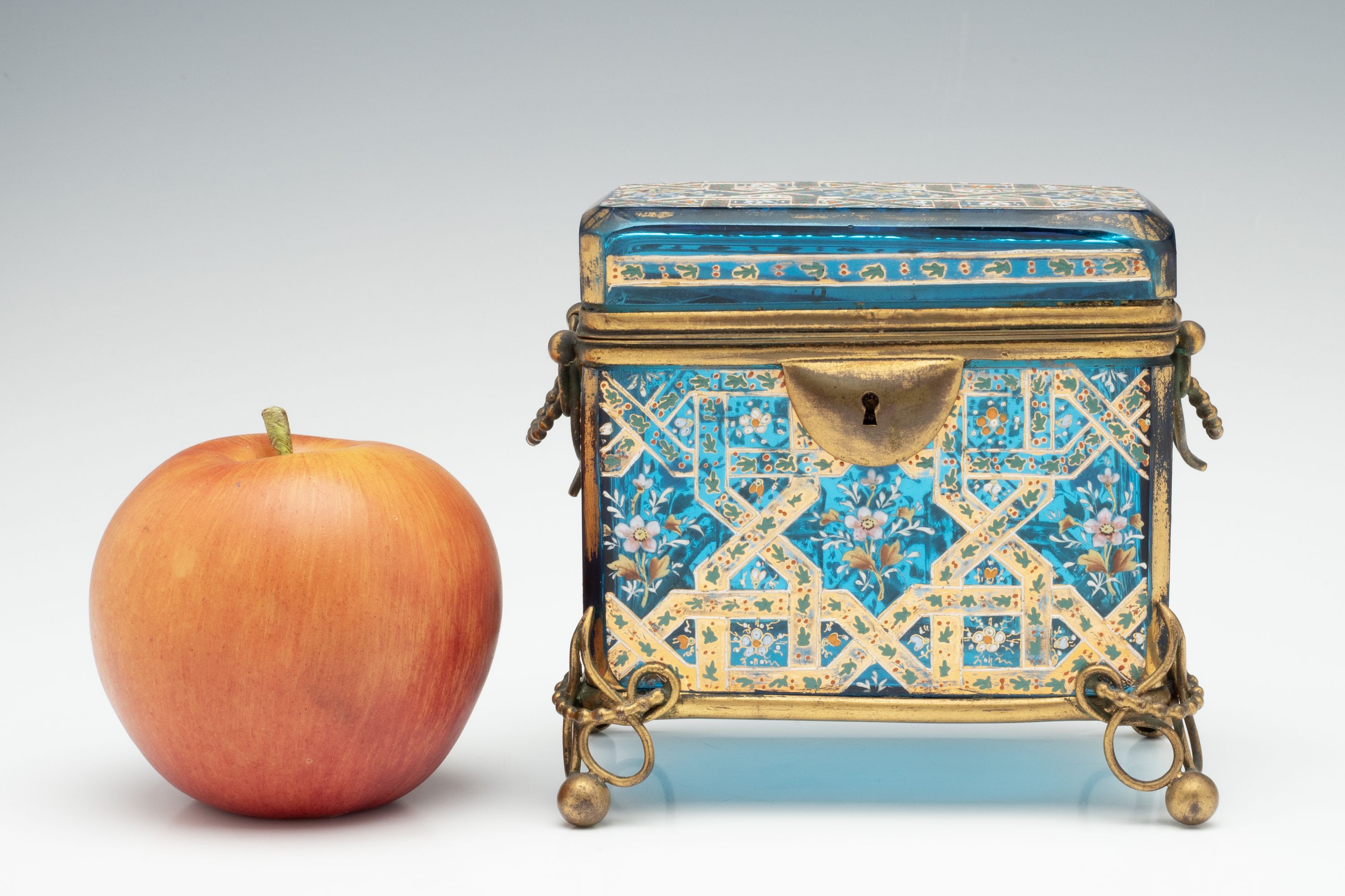 A 19TH C. MOSER GILT AND ENAMELED BLUE ART GLASS BOX