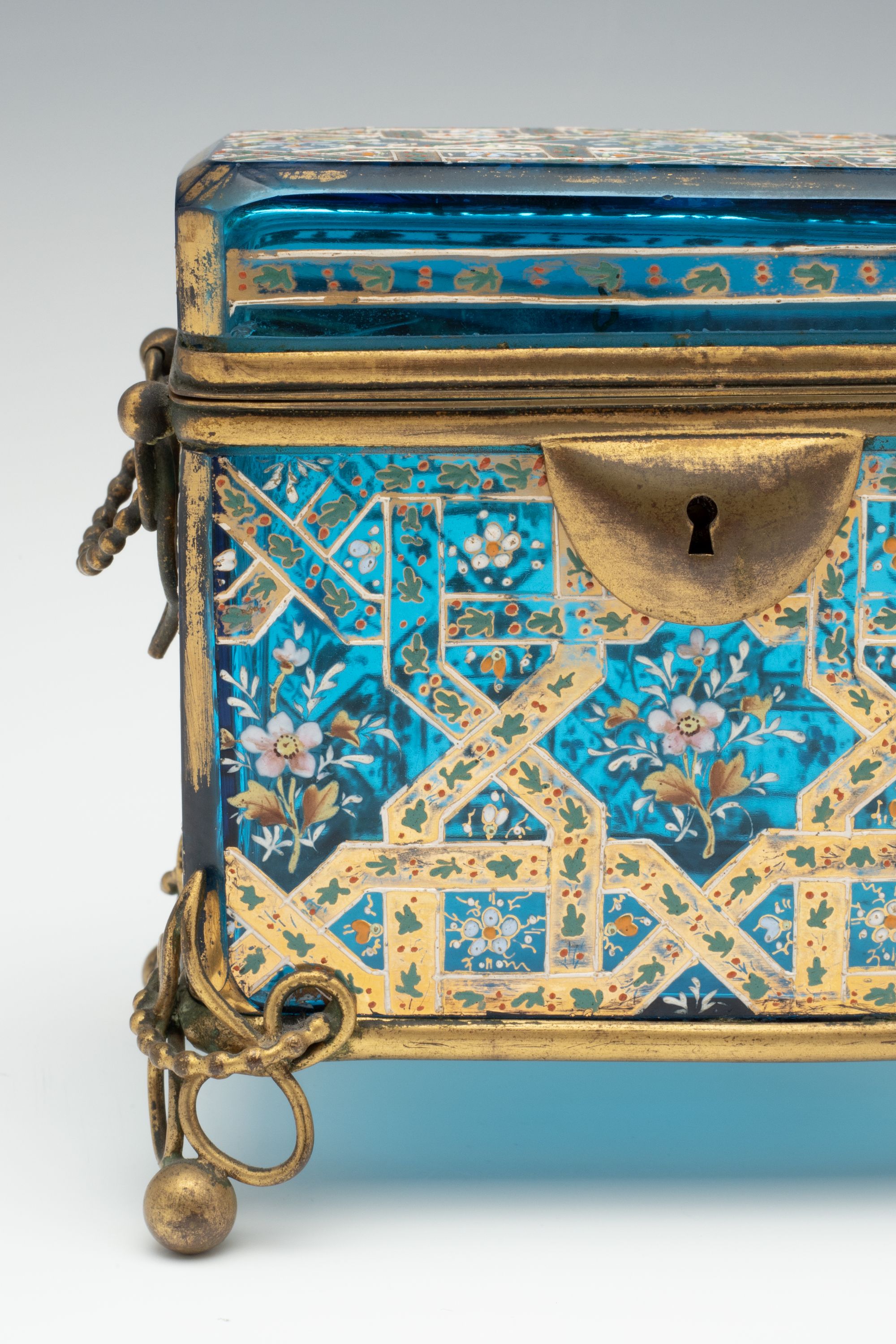 A 19TH C. MOSER GILT AND ENAMELED BLUE ART GLASS BOX