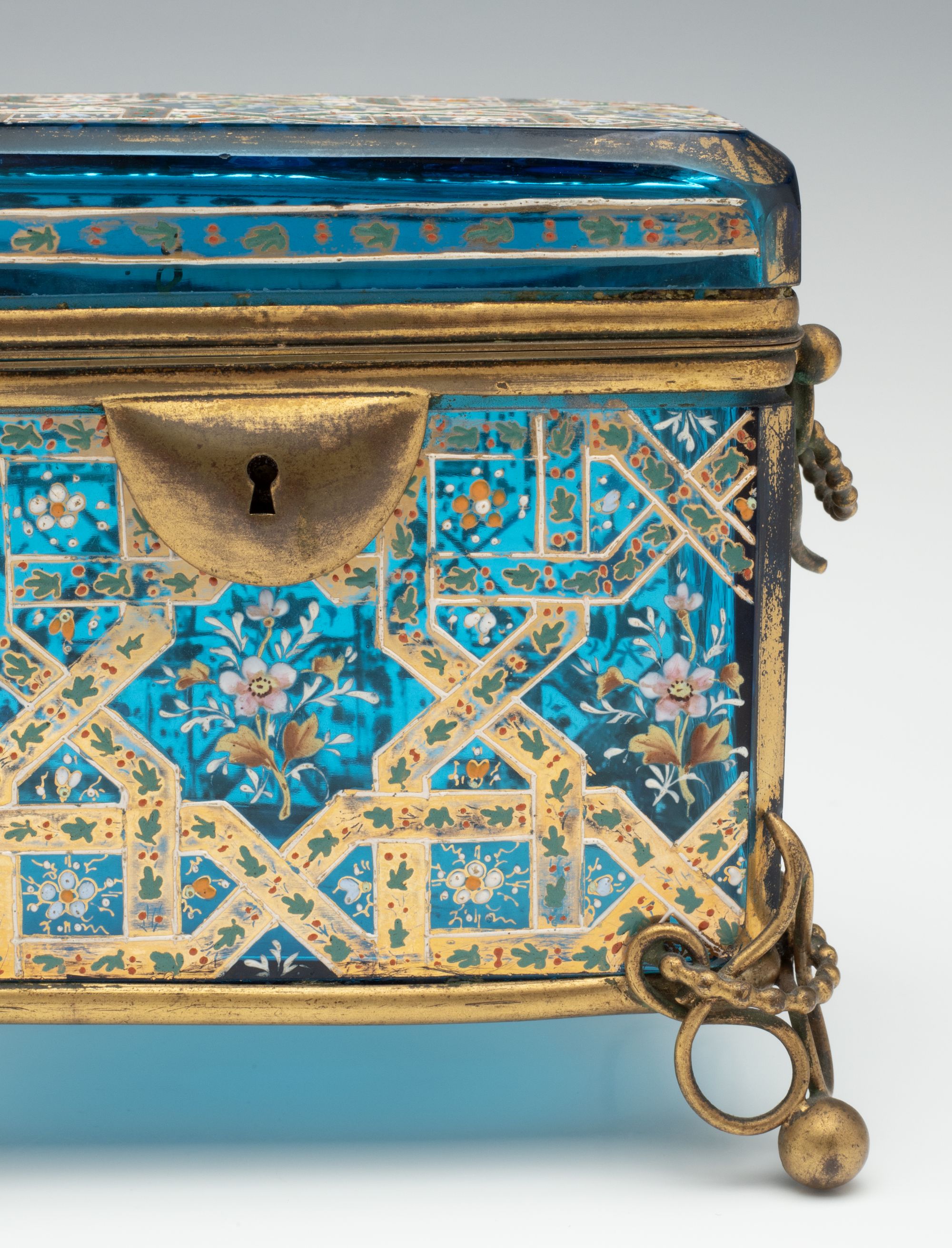 A 19TH C. MOSER GILT AND ENAMELED BLUE ART GLASS BOX