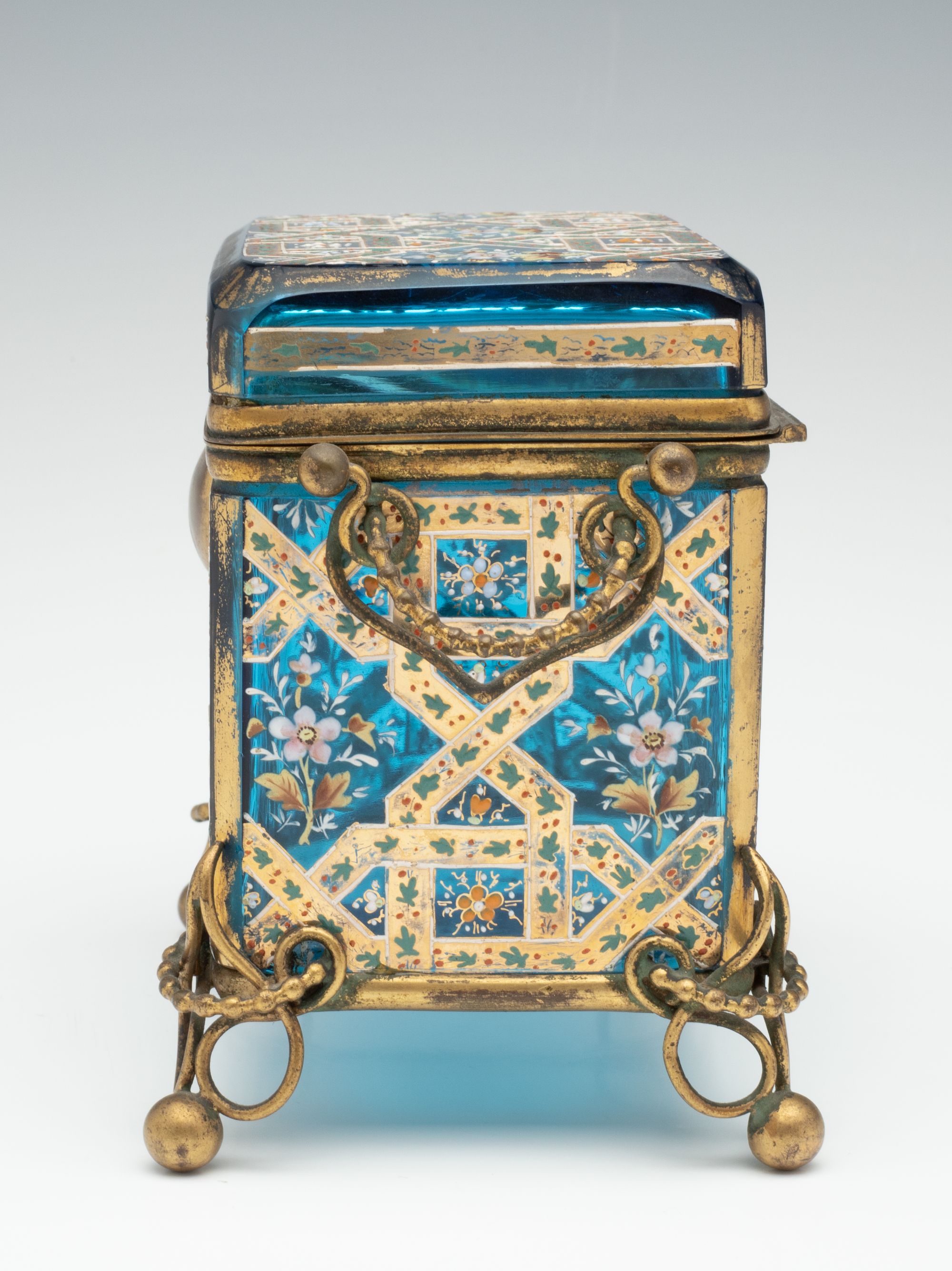 A 19TH C. MOSER GILT AND ENAMELED BLUE ART GLASS BOX