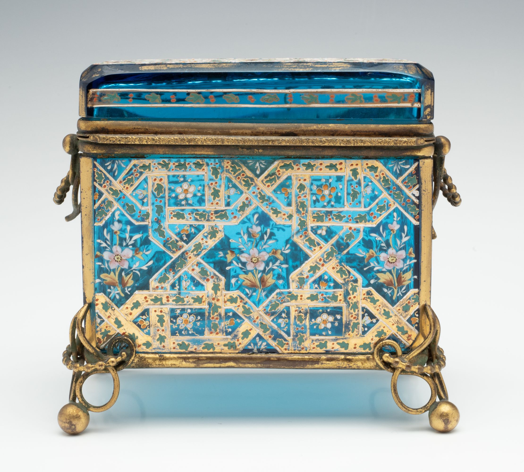 A 19TH C. MOSER GILT AND ENAMELED BLUE ART GLASS BOX