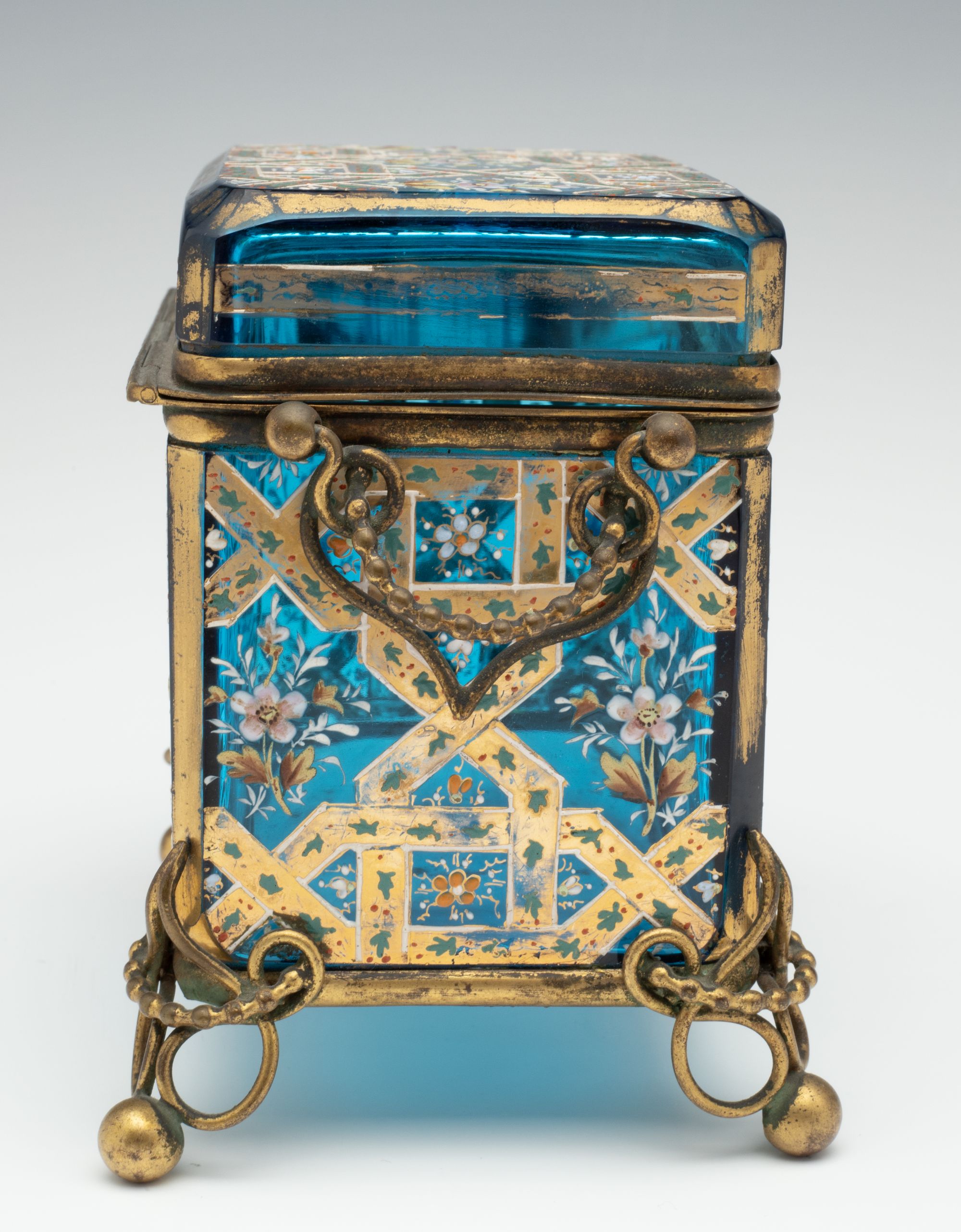 A 19TH C. MOSER GILT AND ENAMELED BLUE ART GLASS BOX