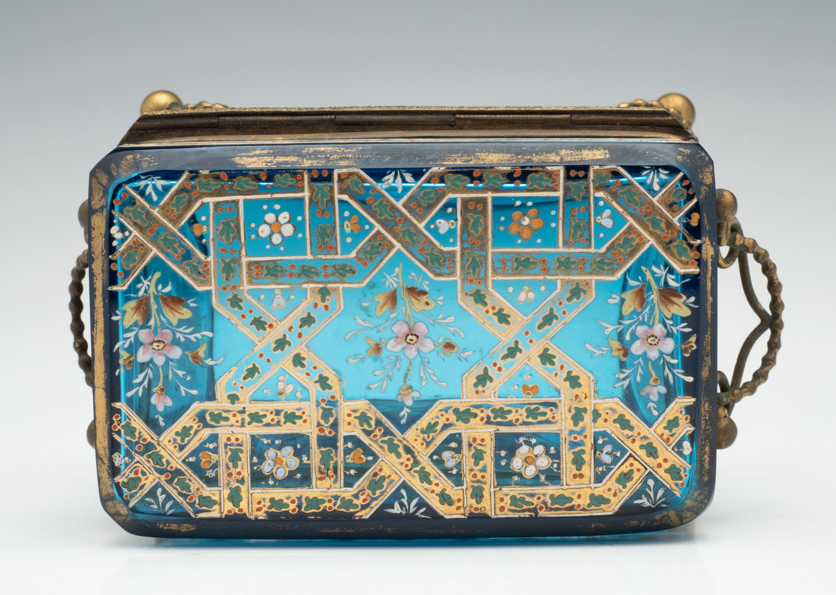 A 19TH C. MOSER GILT AND ENAMELED BLUE ART GLASS BOX