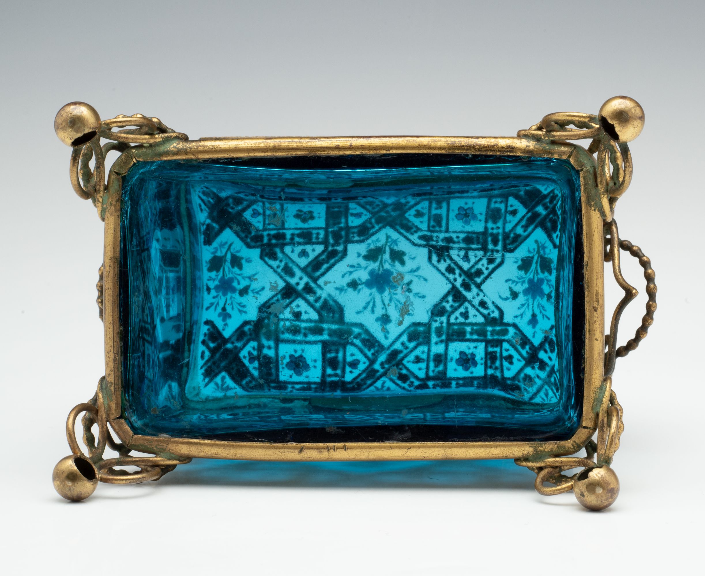 A 19TH C. MOSER GILT AND ENAMELED BLUE ART GLASS BOX