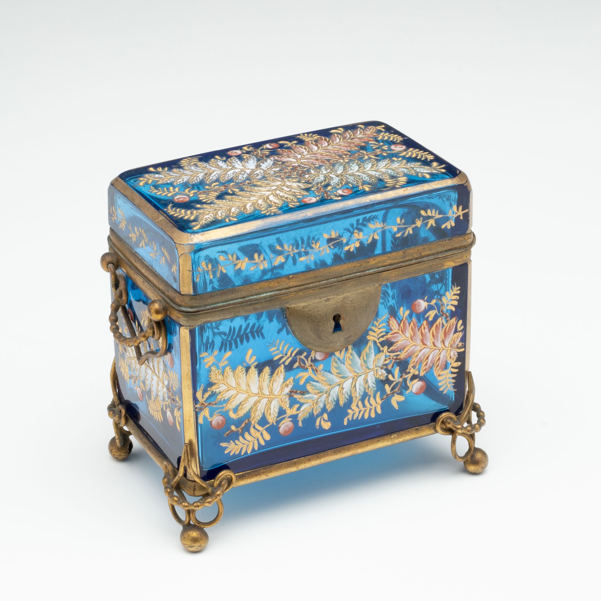 A 19TH C. MOSER GILT AND ENAMELED BLUE ART GLASS BOX