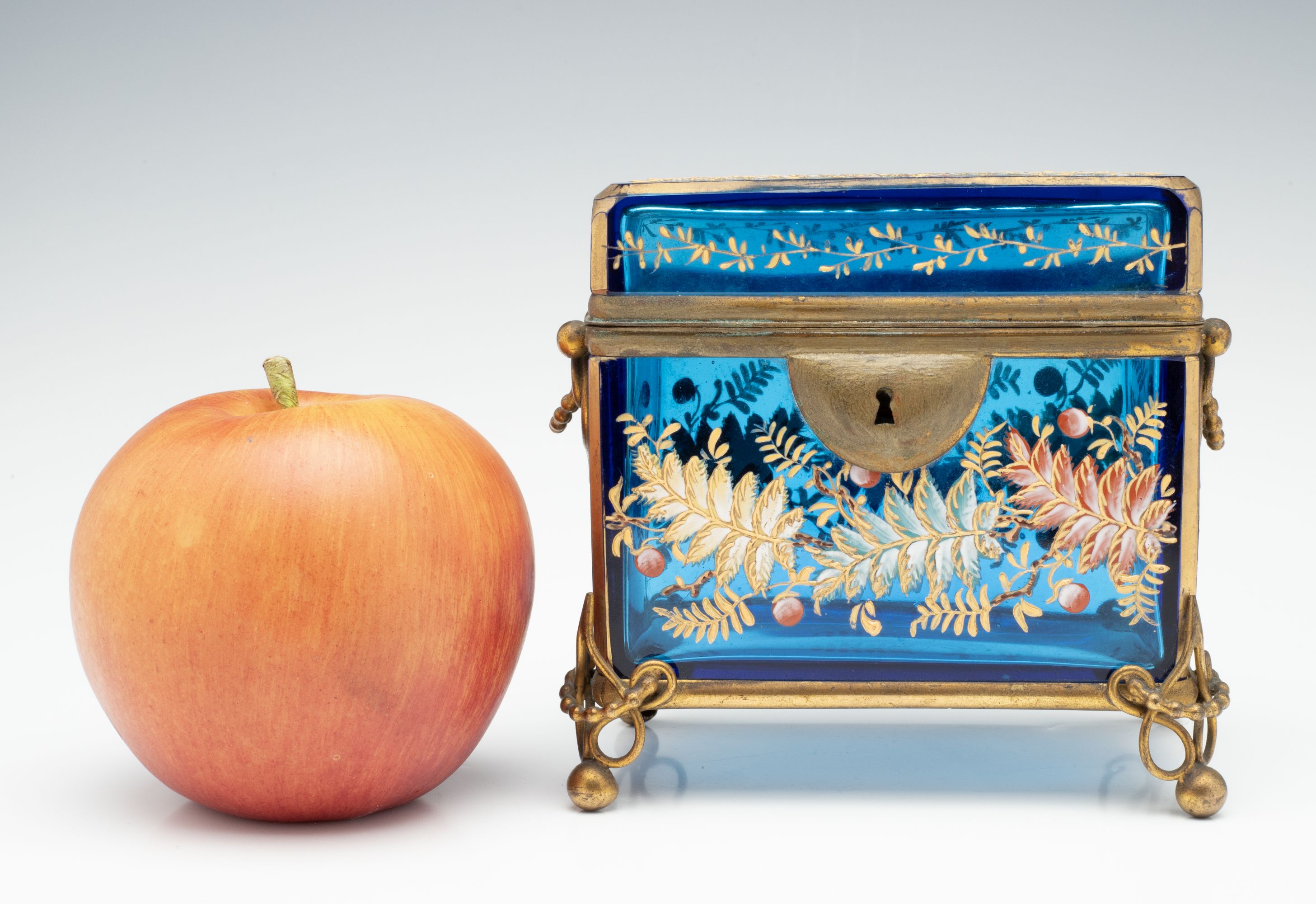 A 19TH C. MOSER GILT AND ENAMELED BLUE ART GLASS BOX