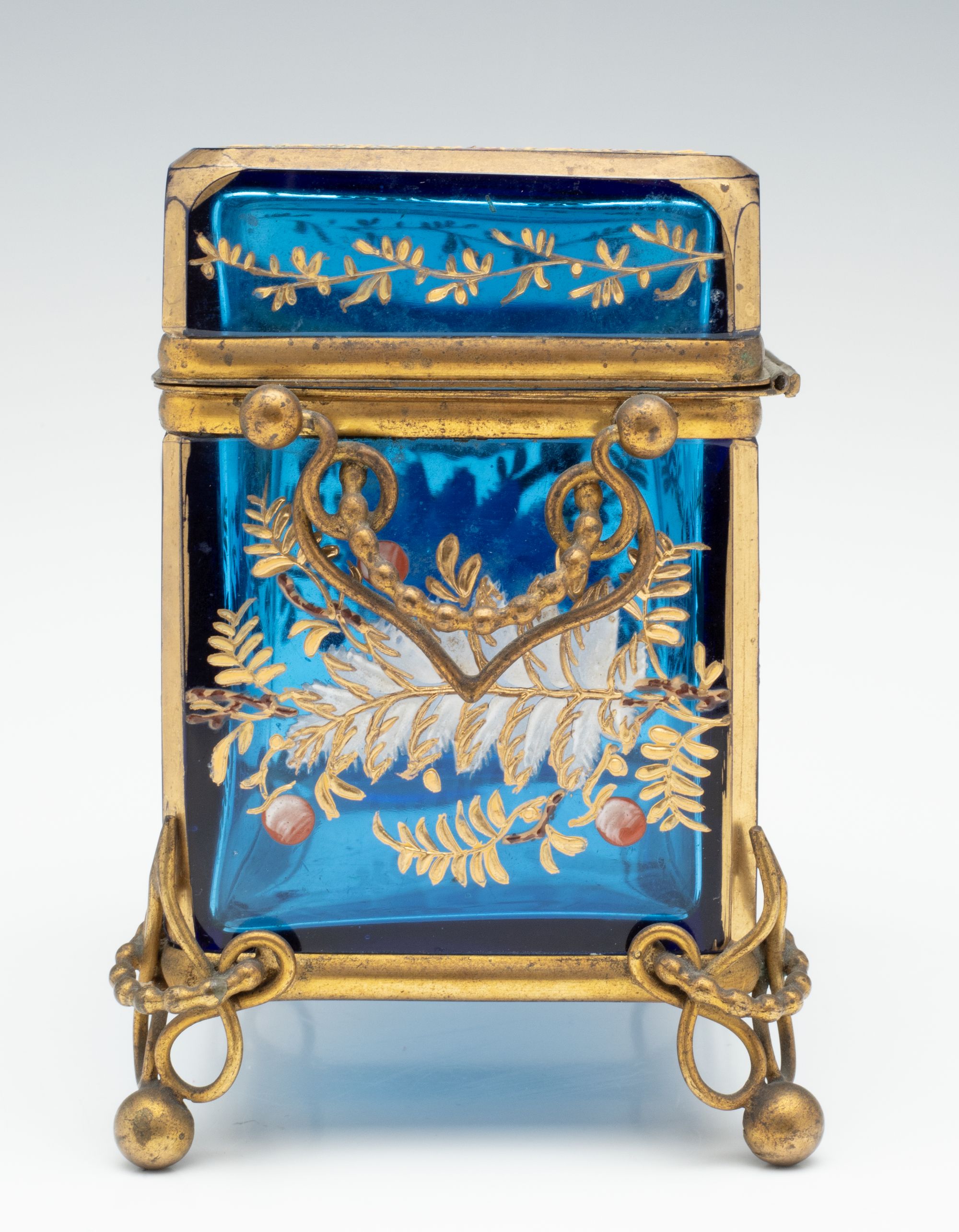 A 19TH C. MOSER GILT AND ENAMELED BLUE ART GLASS BOX