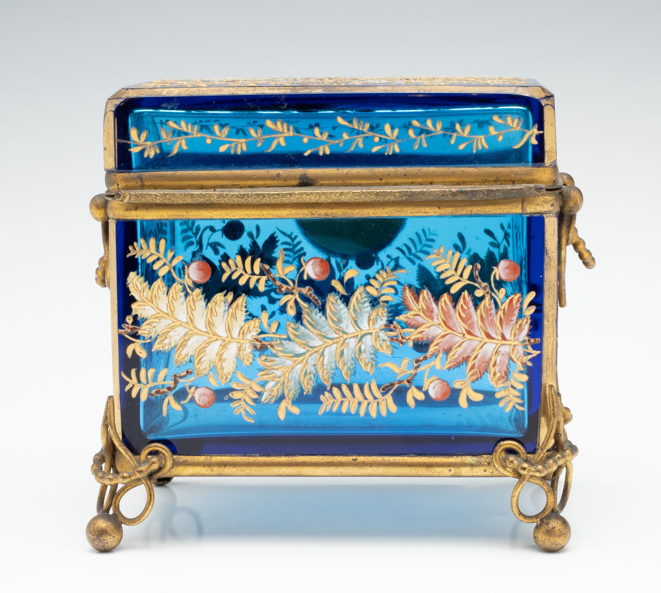 A 19TH C. MOSER GILT AND ENAMELED BLUE ART GLASS BOX