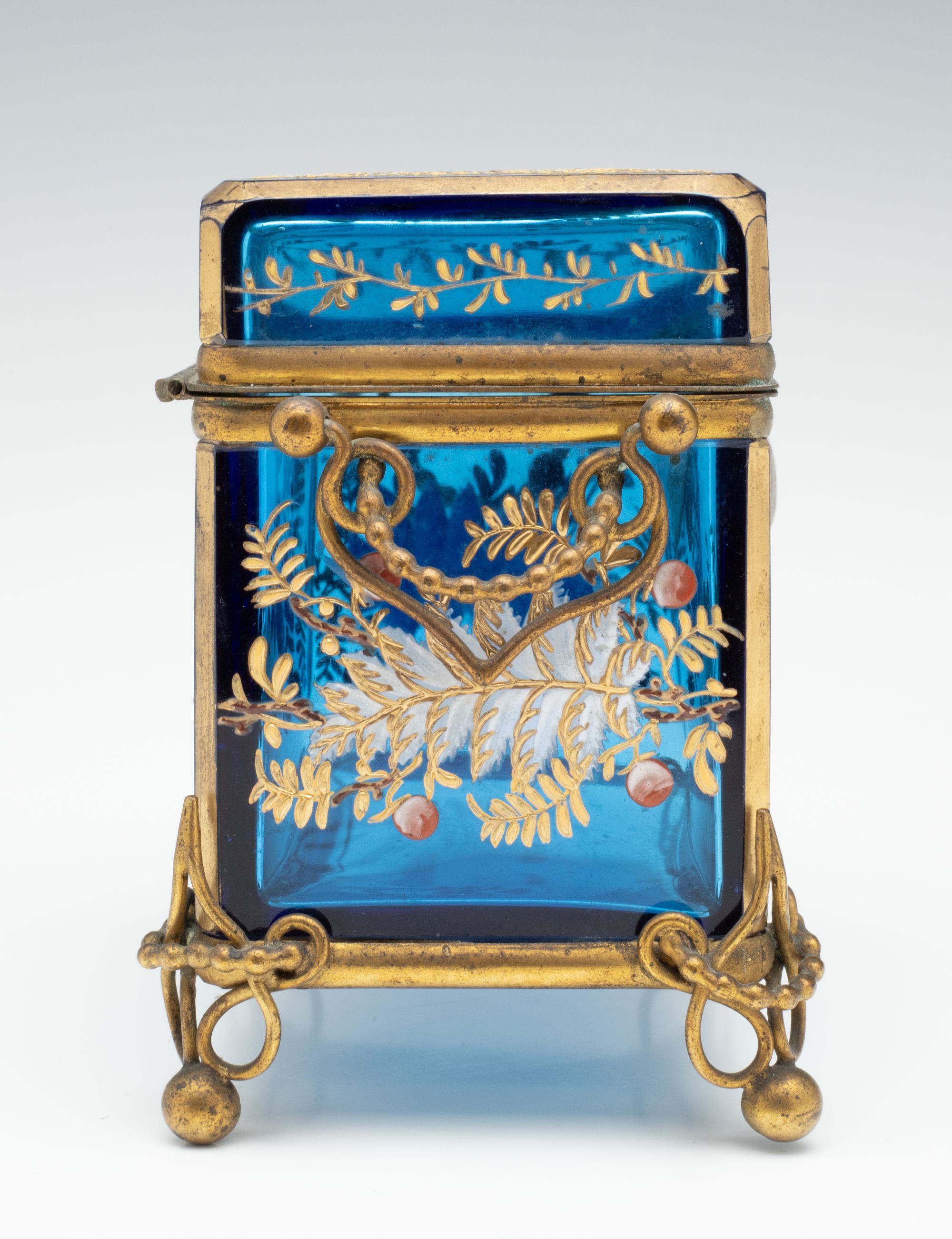 A 19TH C. MOSER GILT AND ENAMELED BLUE ART GLASS BOX