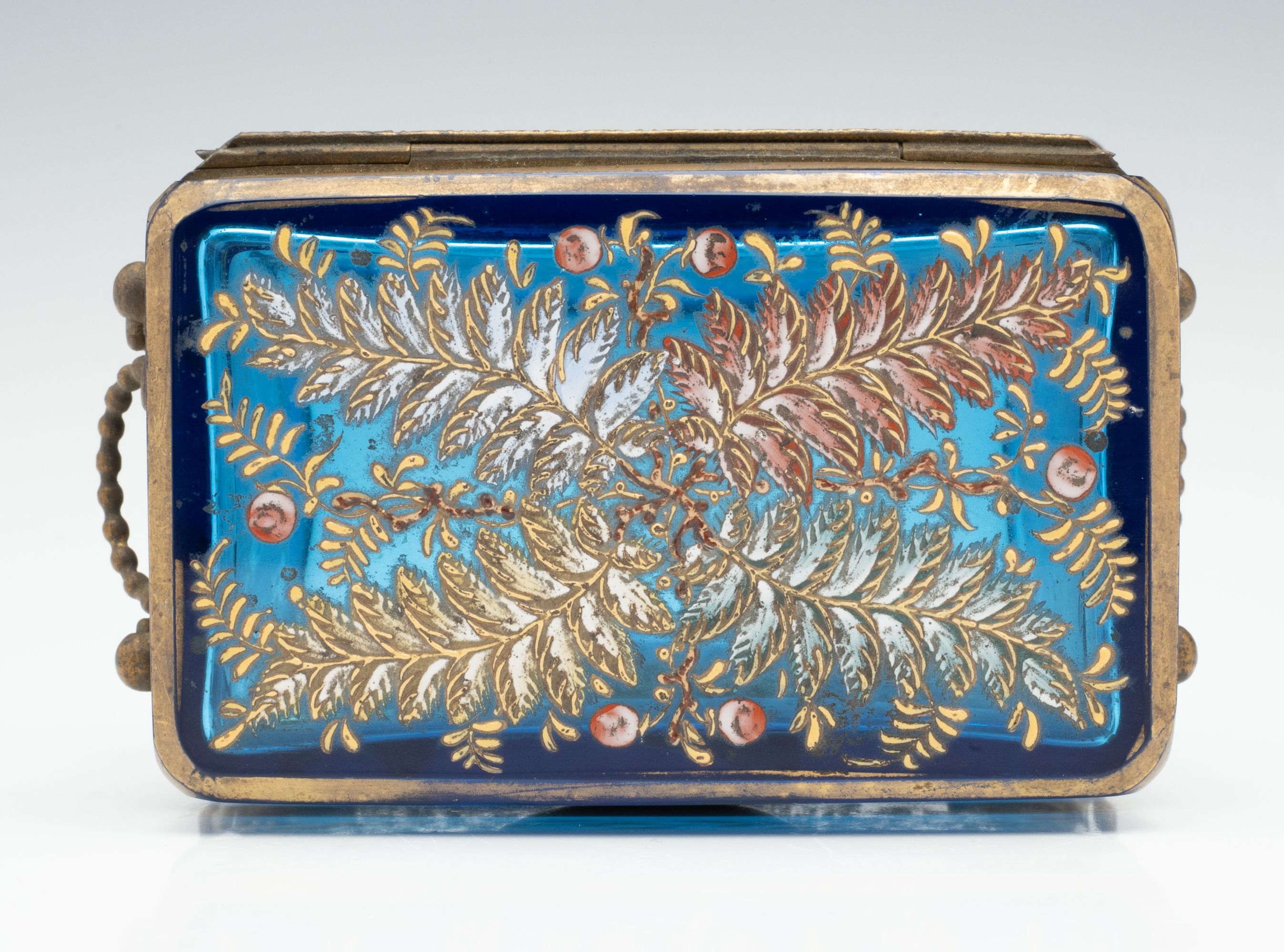 A 19TH C. MOSER GILT AND ENAMELED BLUE ART GLASS BOX