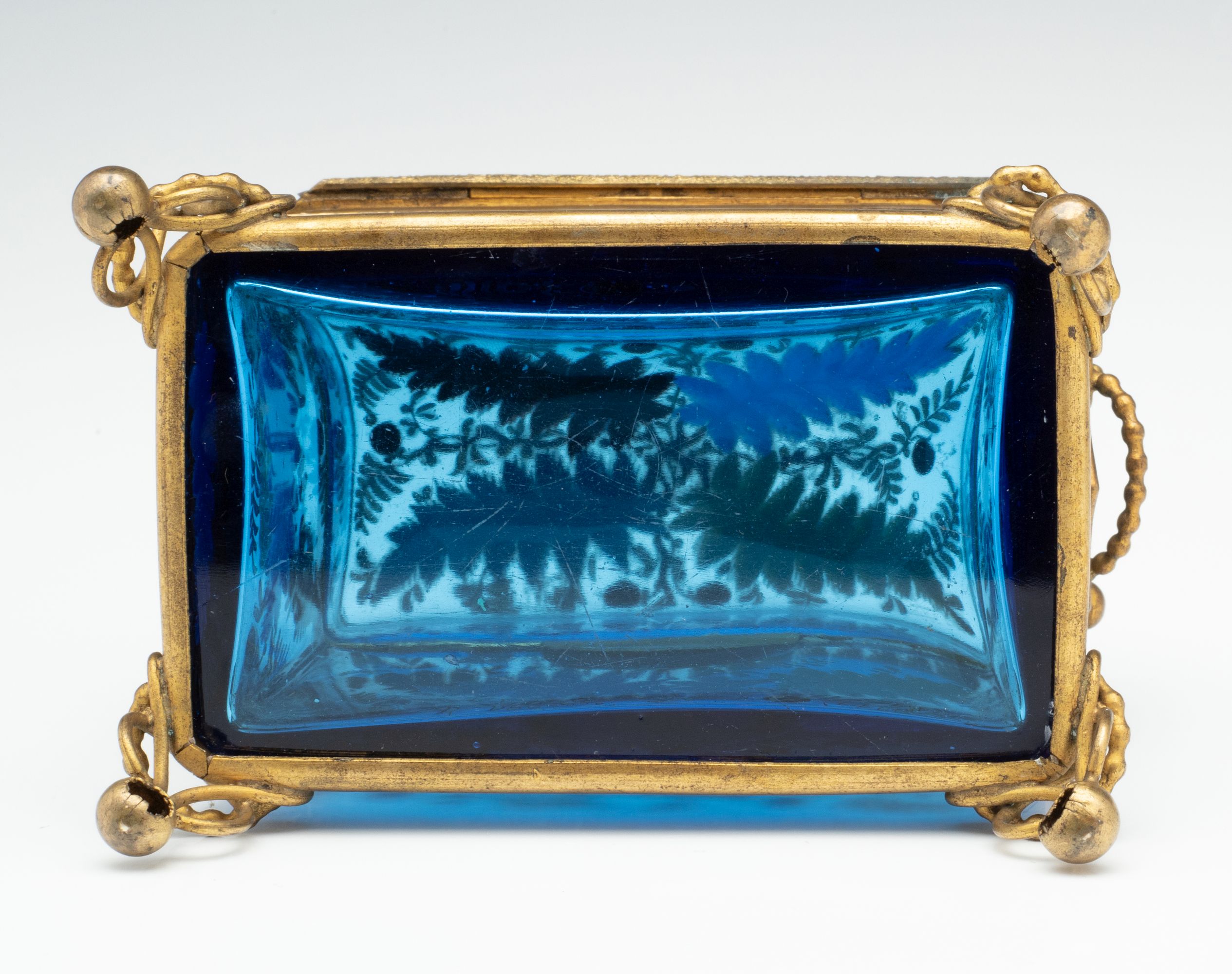 A 19TH C. MOSER GILT AND ENAMELED BLUE ART GLASS BOX