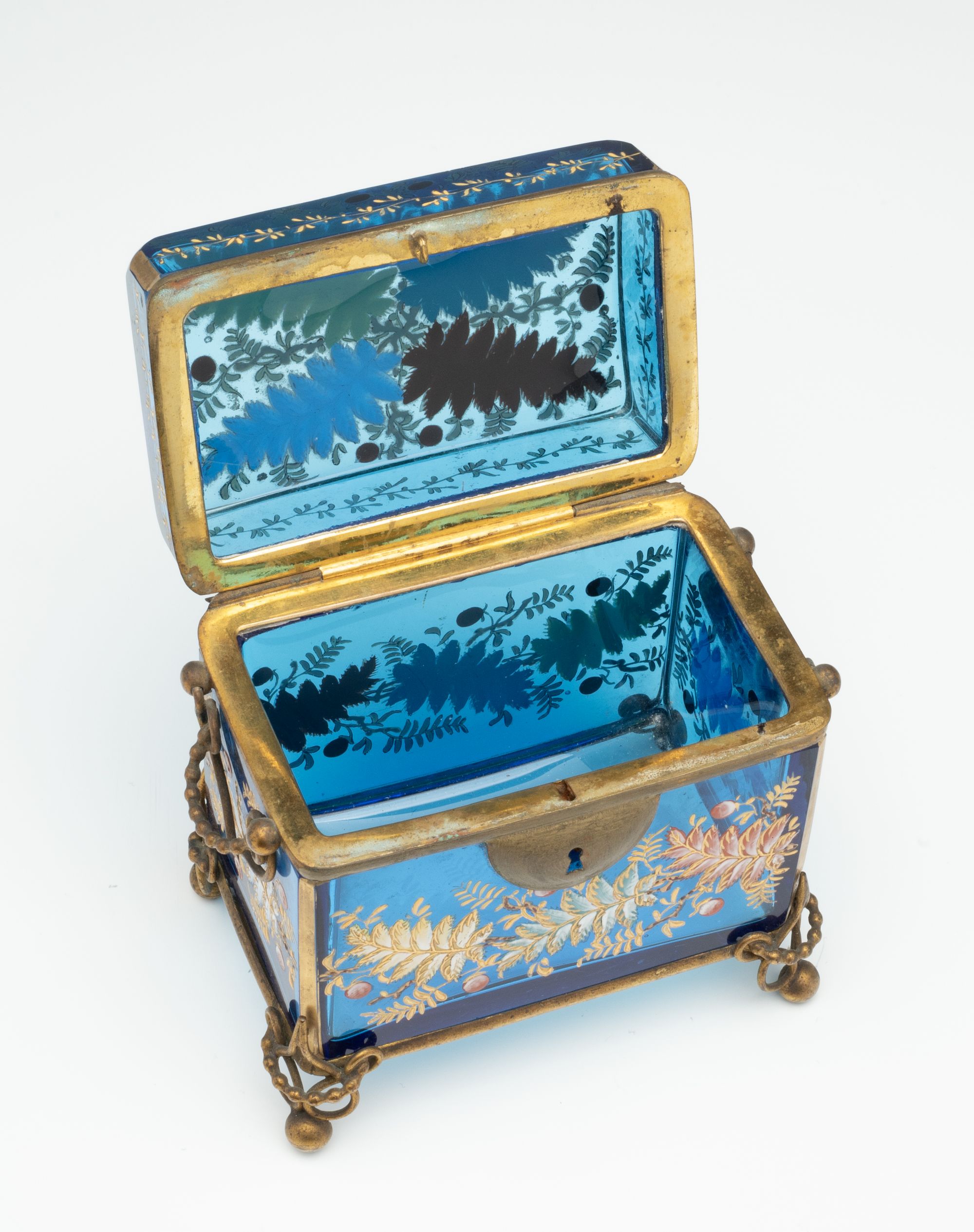 A 19TH C. MOSER GILT AND ENAMELED BLUE ART GLASS BOX