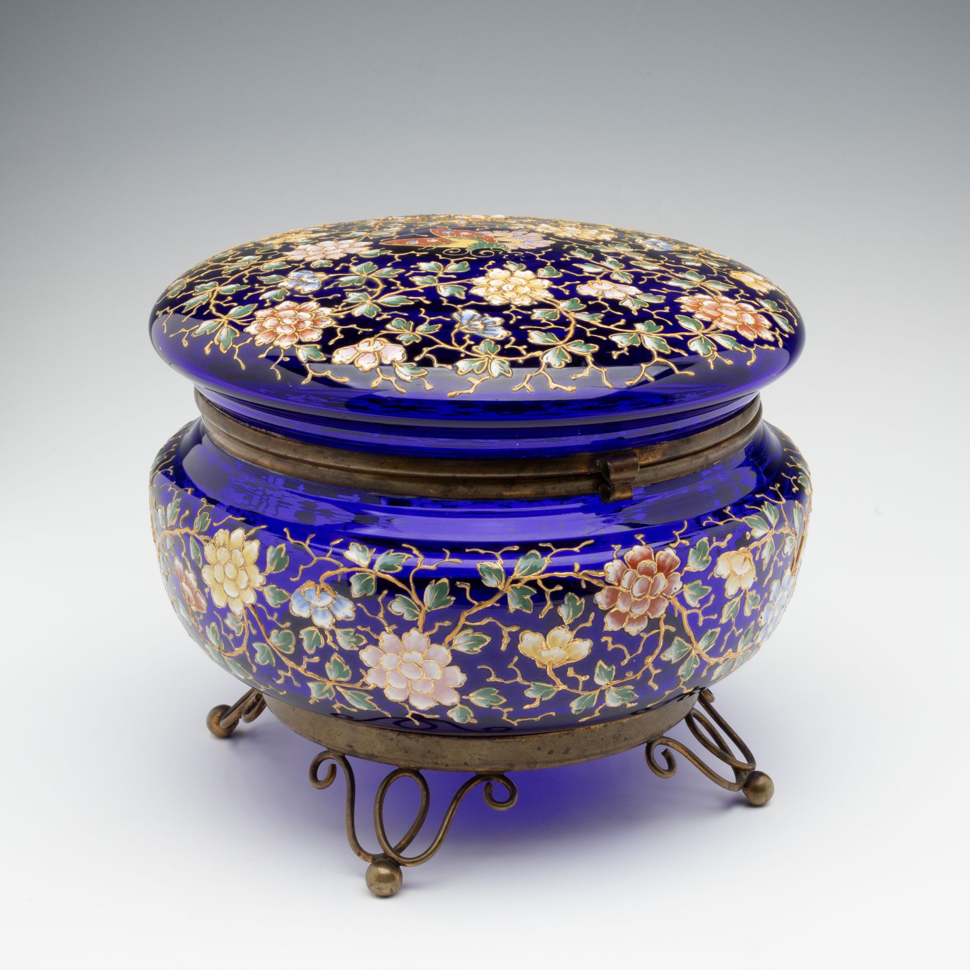 A LARGE MOSER ENAMEL DECORATED COBALT BLUE DRESSER BOX