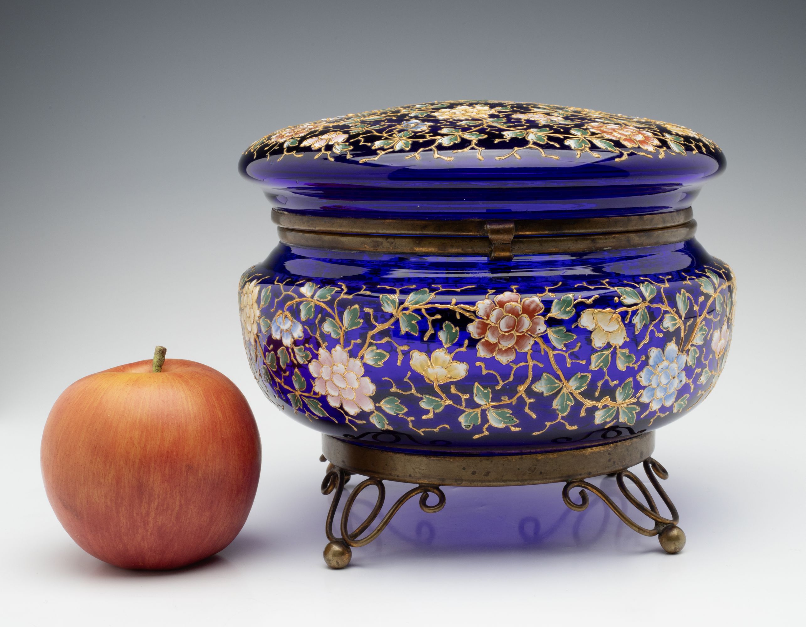 A LARGE MOSER ENAMEL DECORATED COBALT BLUE DRESSER BOX