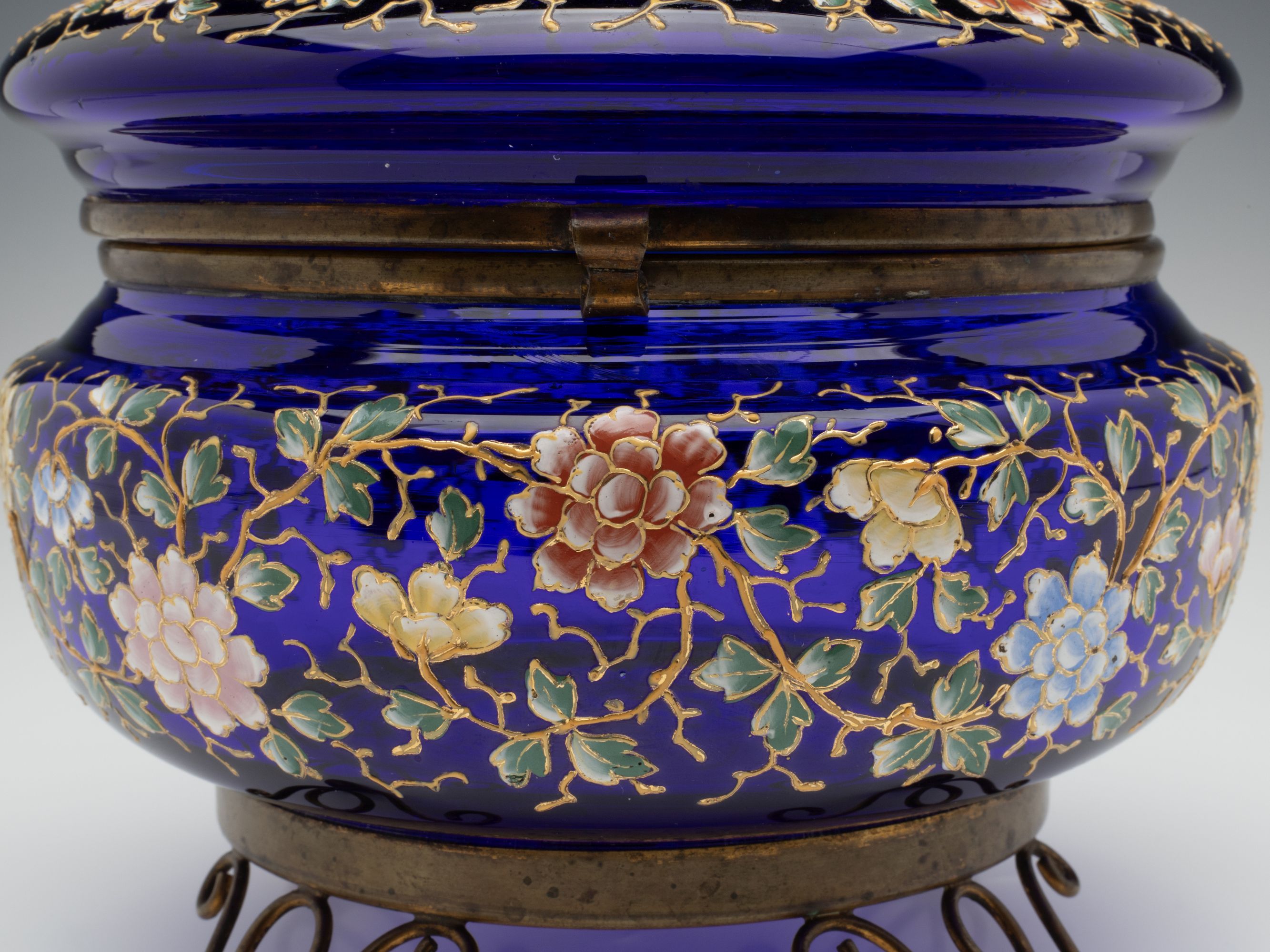 A LARGE MOSER ENAMEL DECORATED COBALT BLUE DRESSER BOX