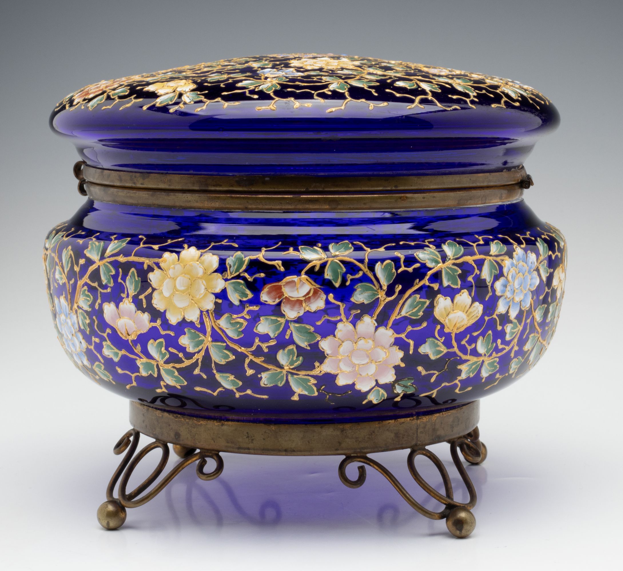 A LARGE MOSER ENAMEL DECORATED COBALT BLUE DRESSER BOX