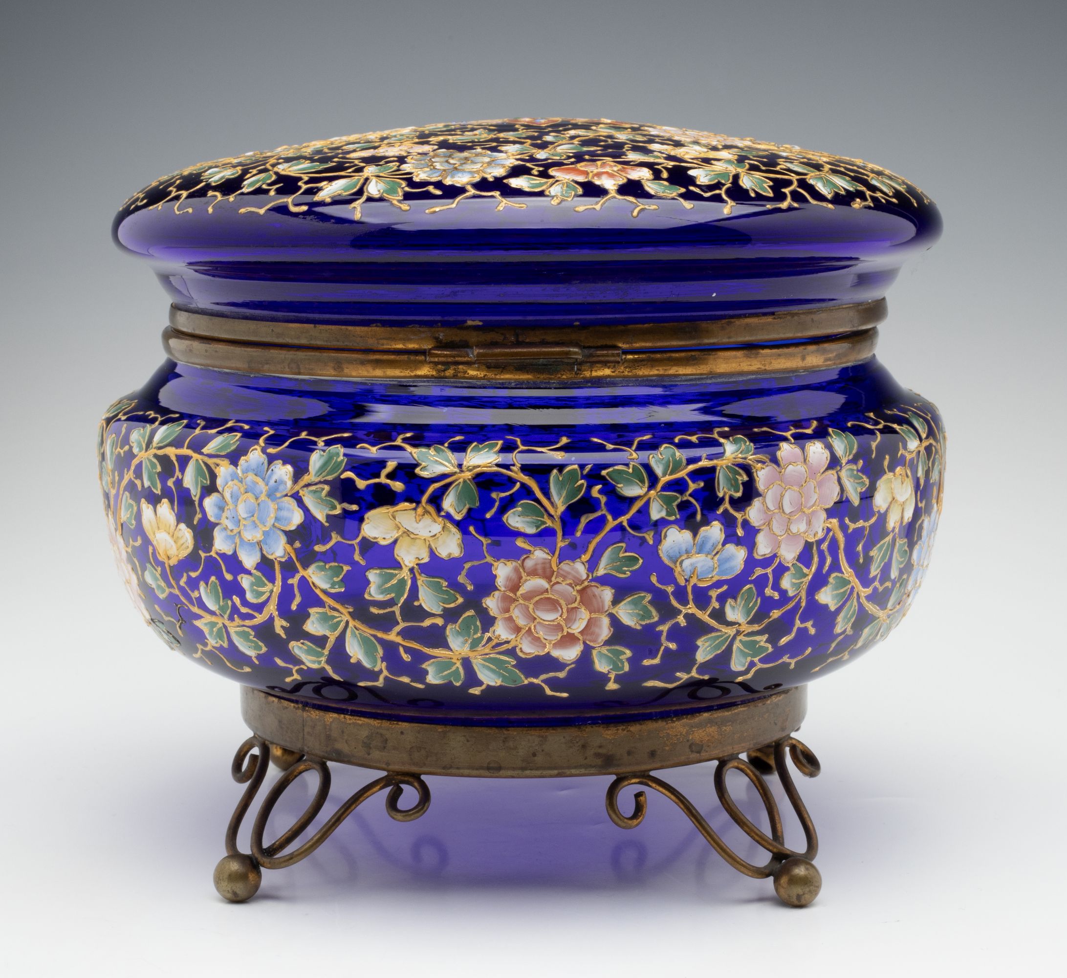 A LARGE MOSER ENAMEL DECORATED COBALT BLUE DRESSER BOX