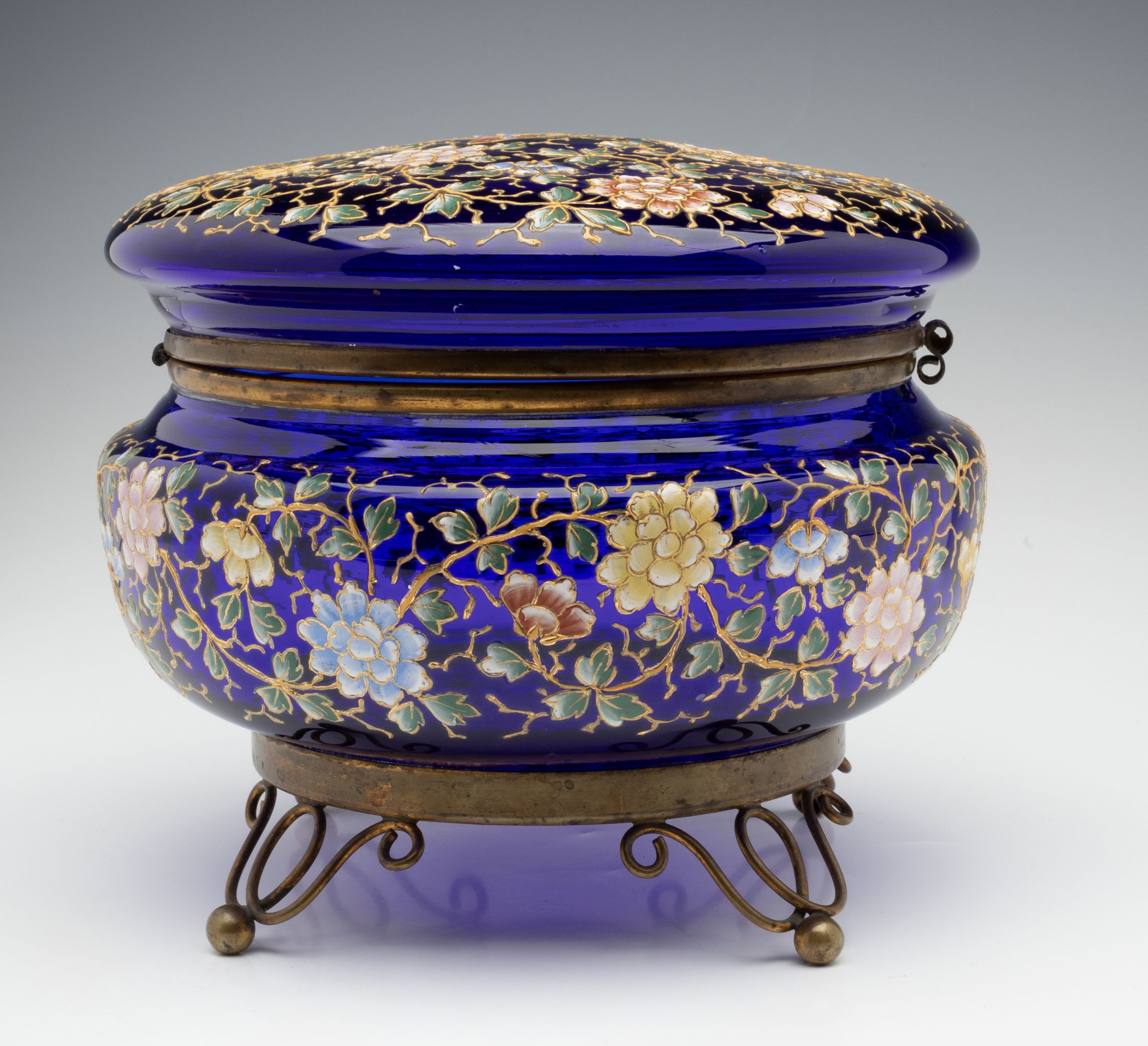 A LARGE MOSER ENAMEL DECORATED COBALT BLUE DRESSER BOX