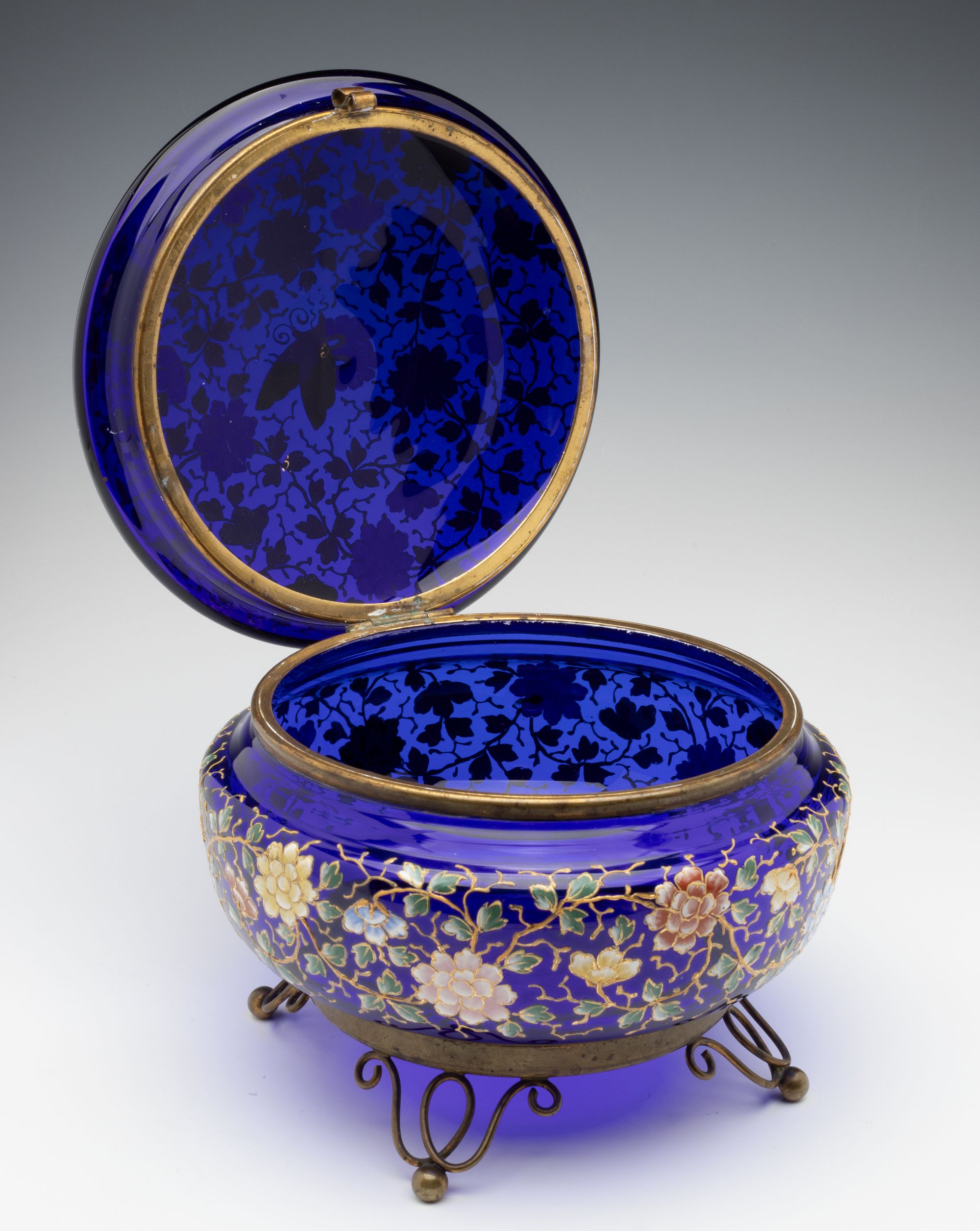 A LARGE MOSER ENAMEL DECORATED COBALT BLUE DRESSER BOX