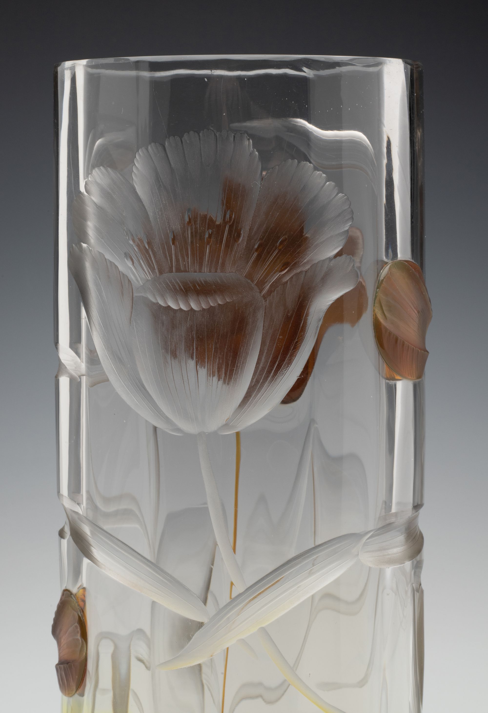 A SUBSTANTIAL MOSER MARQUETRY VASE WITH CARVED BLOSSOM