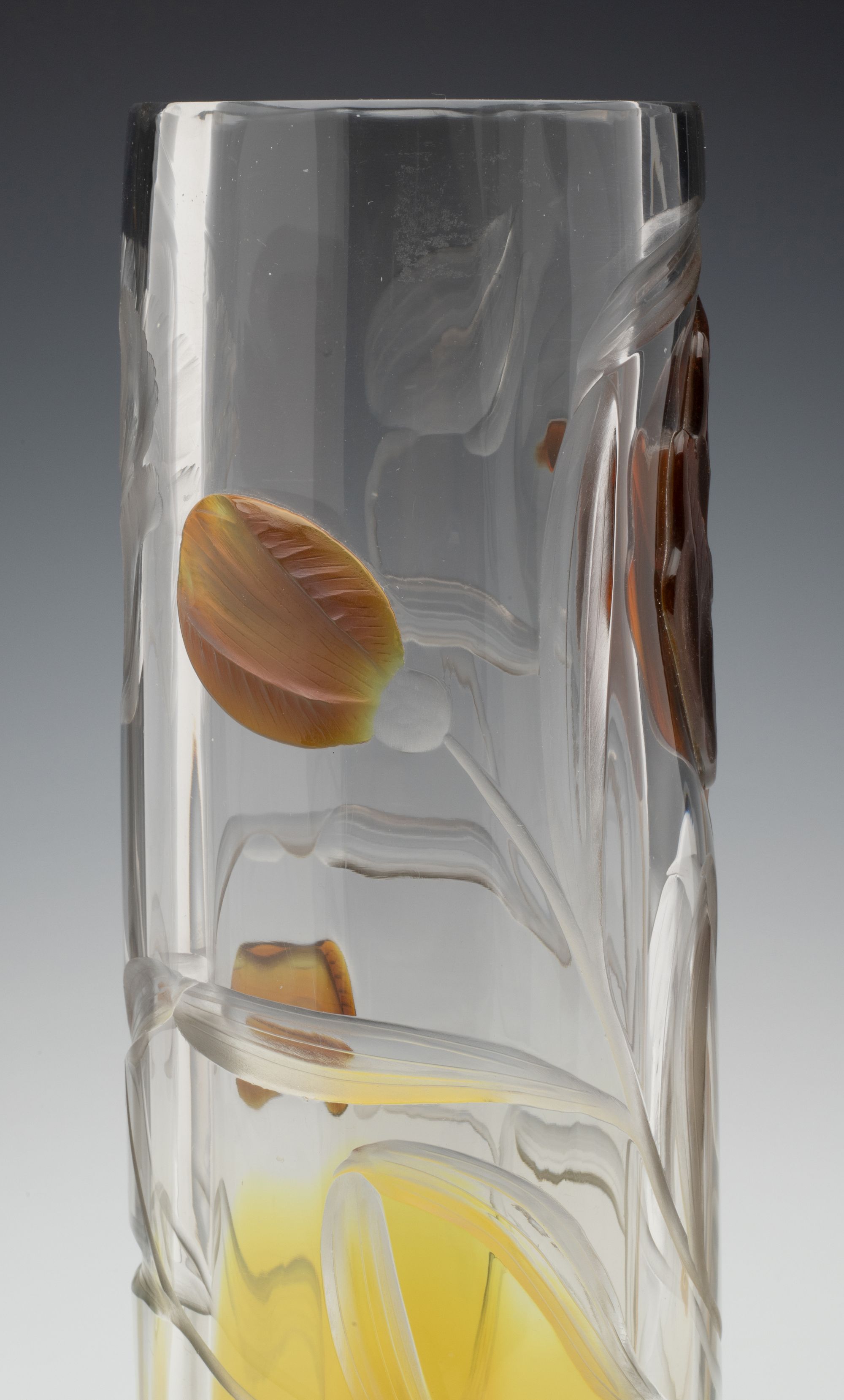 A SUBSTANTIAL MOSER MARQUETRY VASE WITH CARVED BLOSSOM