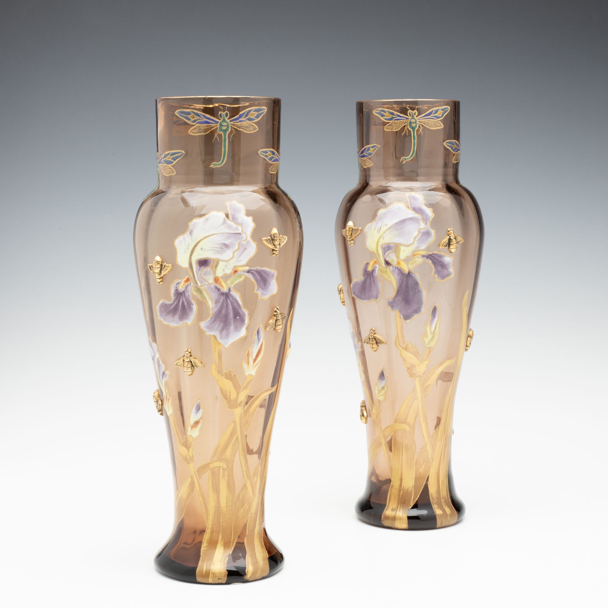 MOSER ART NOUVEAU ENAMELD VASE PAIR WITH GILDED BEES