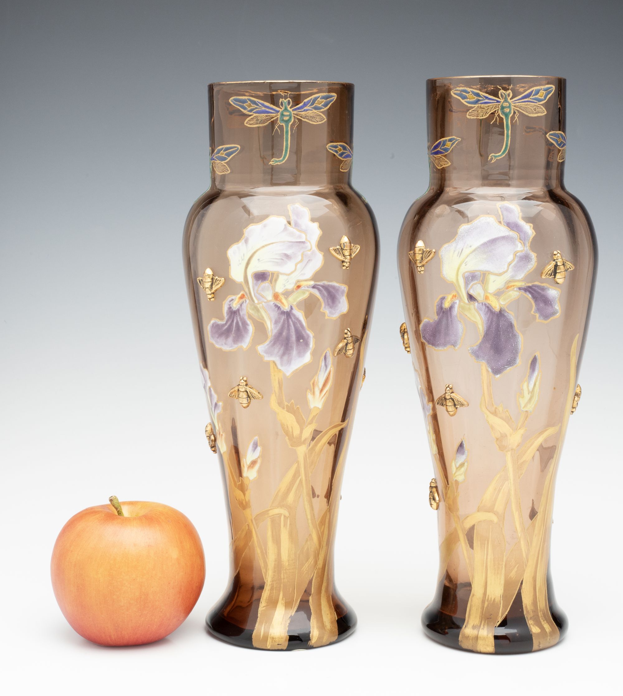 MOSER ART NOUVEAU ENAMELD VASE PAIR WITH GILDED BEES