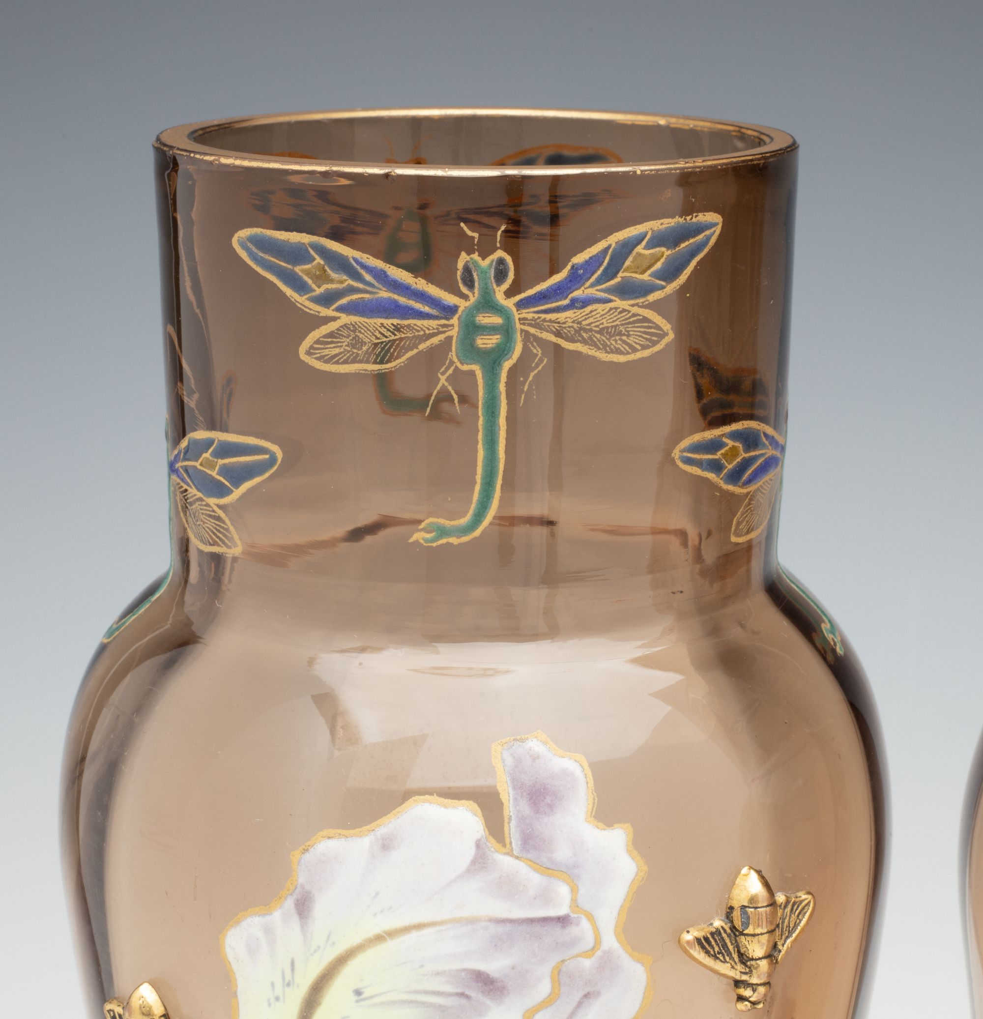 MOSER ART NOUVEAU ENAMELD VASE PAIR WITH GILDED BEES