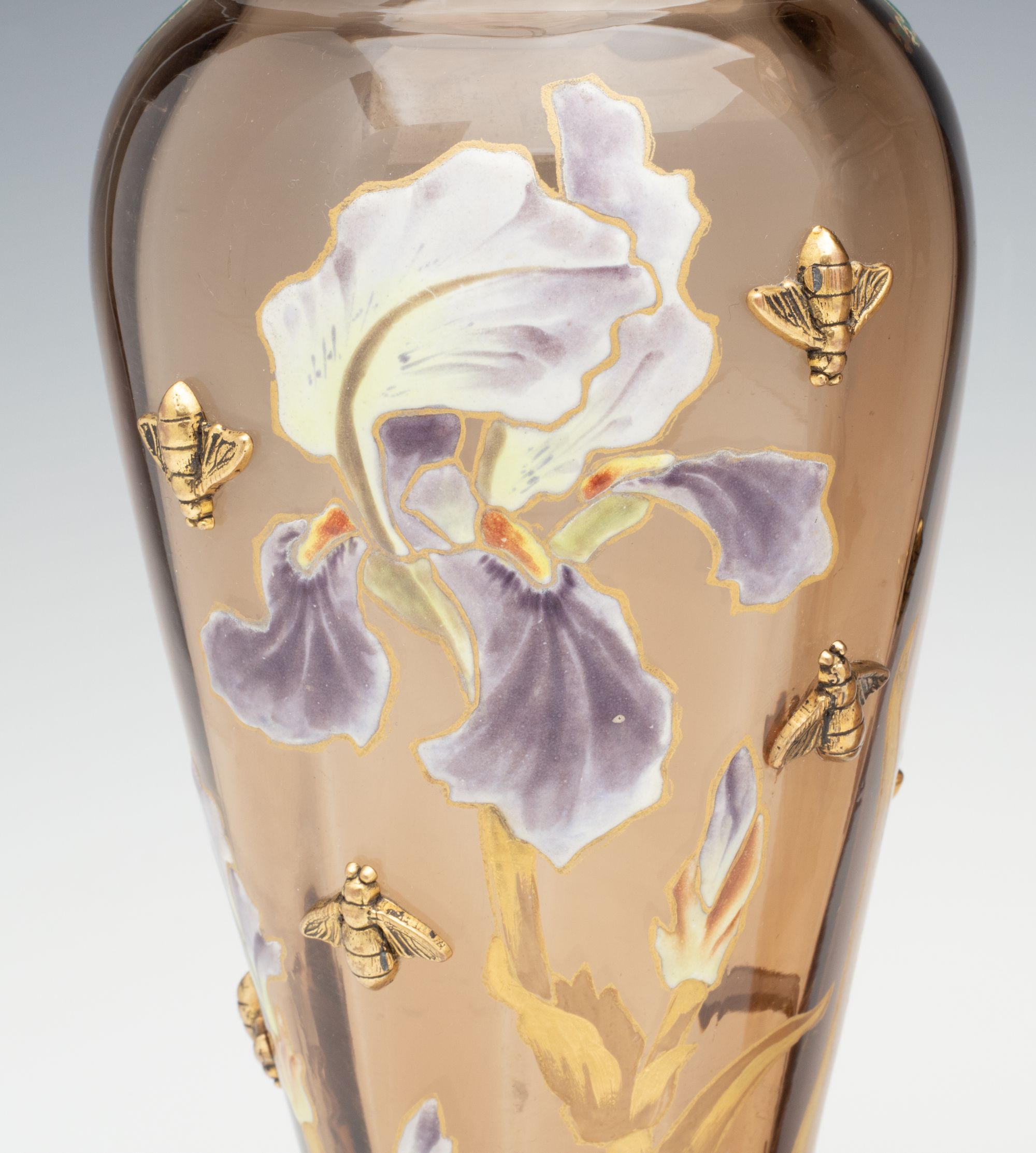 MOSER ART NOUVEAU ENAMELD VASE PAIR WITH GILDED BEES