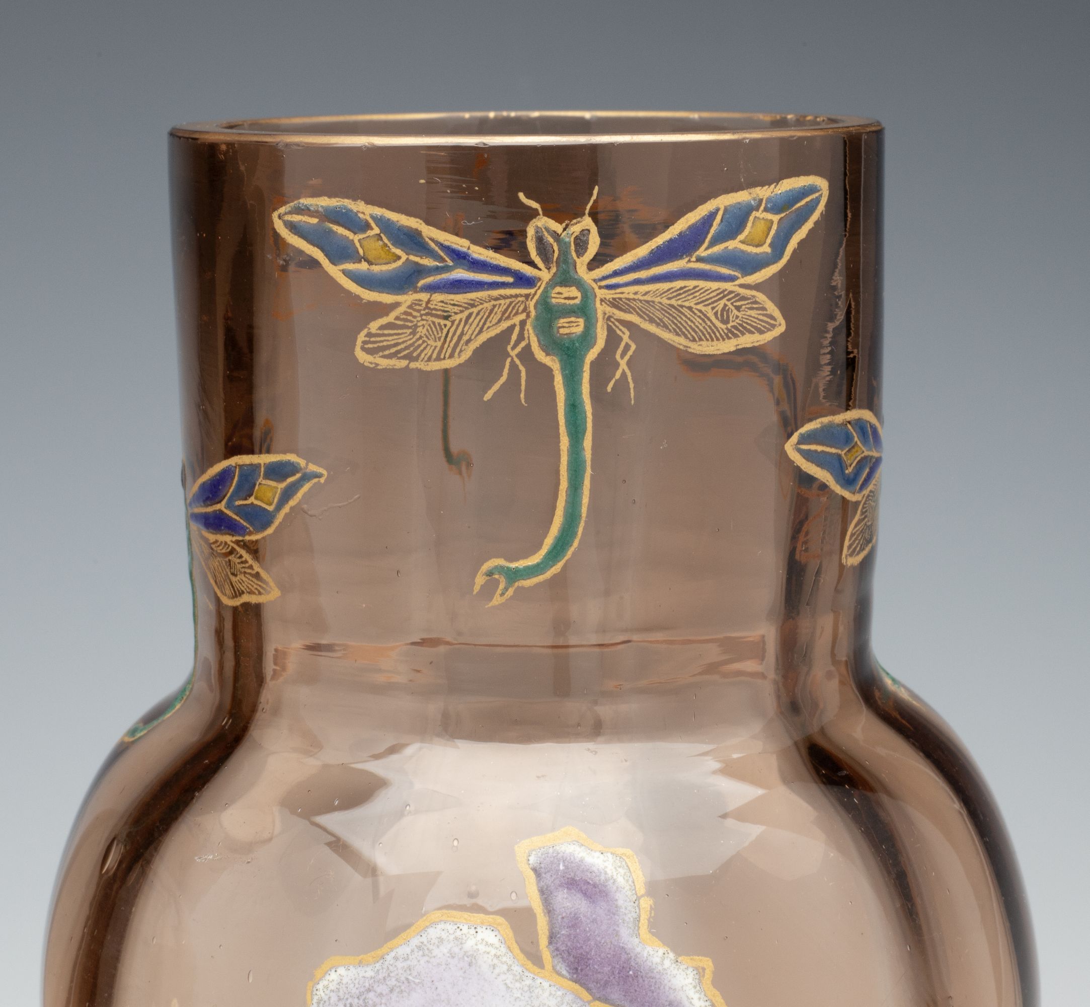 MOSER ART NOUVEAU ENAMELD VASE PAIR WITH GILDED BEES